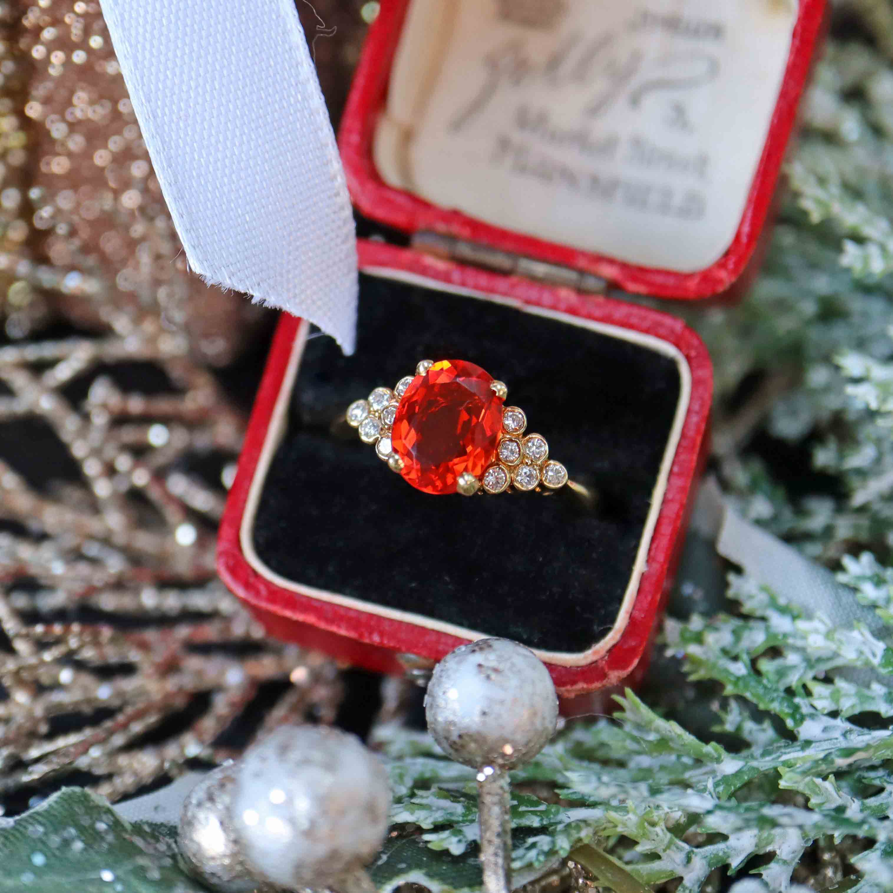 Ellibelle Jewellery Vintage 1987 Fire Opal & Diamond 18ct Gold Ring