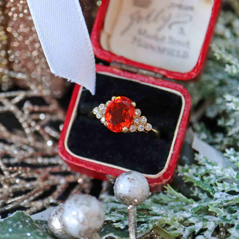 Ellibelle Jewellery Vintage 1987 Fire Opal & Diamond 18ct Gold Ring