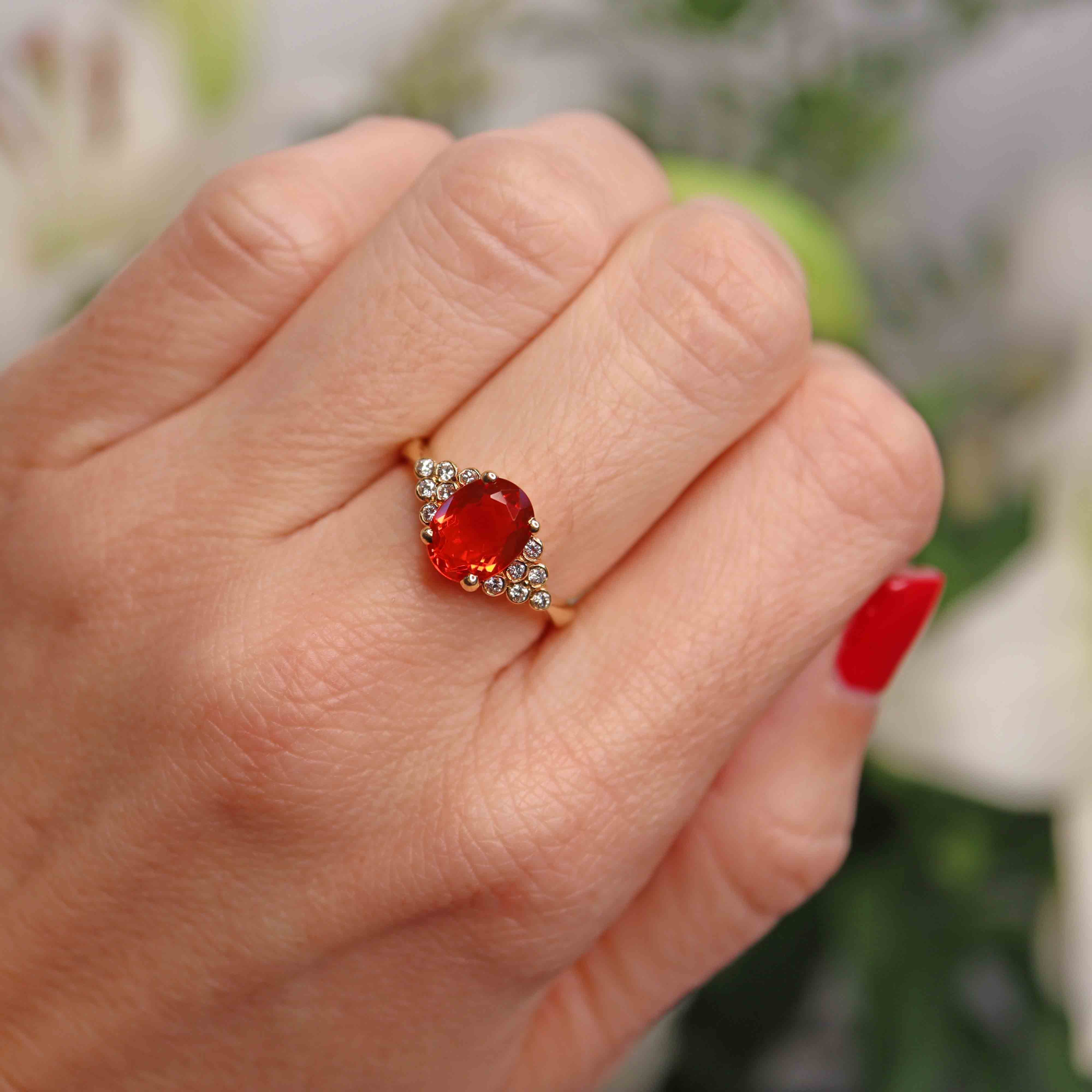 Ellibelle Jewellery Vintage 1987 Fire Opal & Diamond 18ct Gold Ring