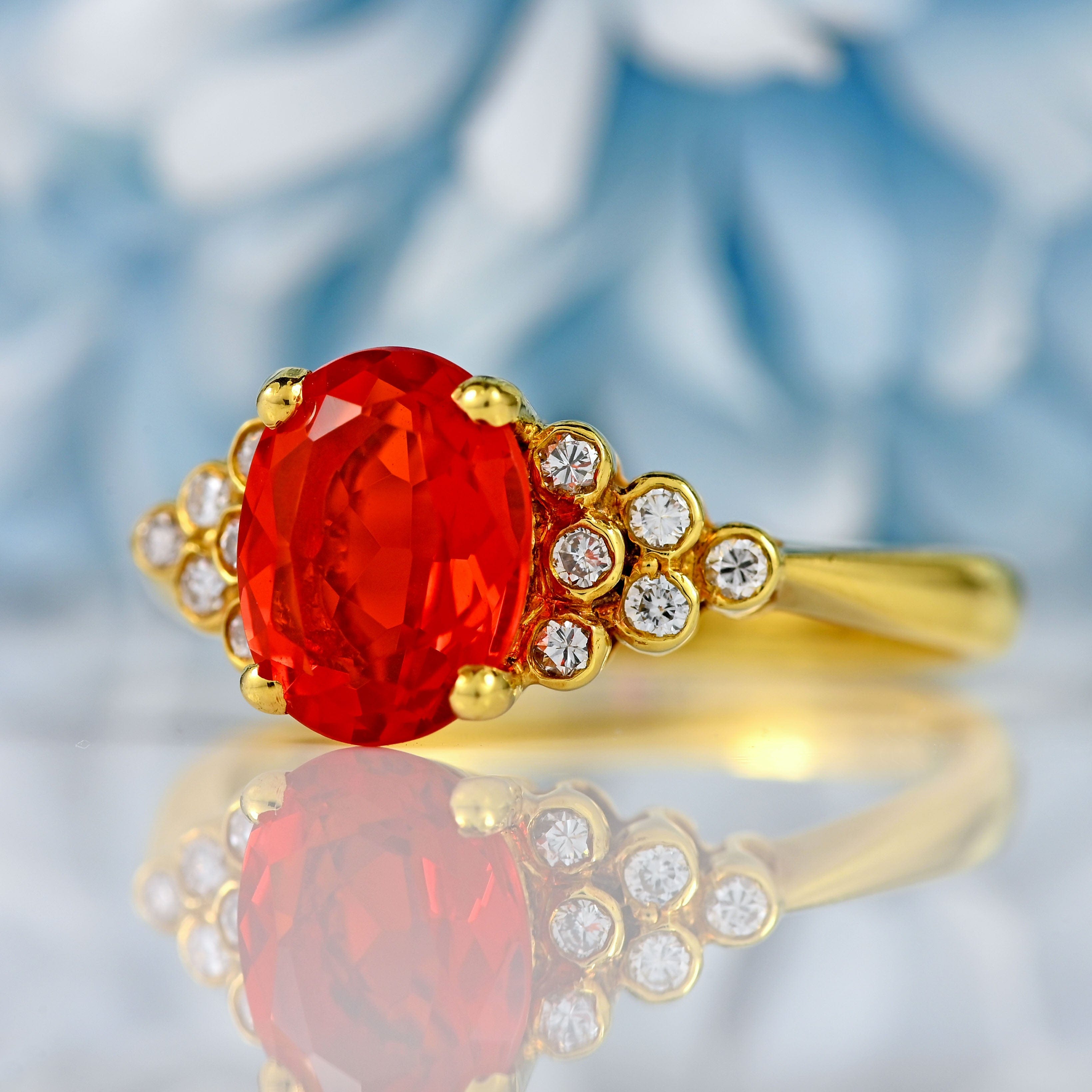 Ellibelle Jewellery Vintage 1987 Fire Opal & Diamond 18ct Gold Ring