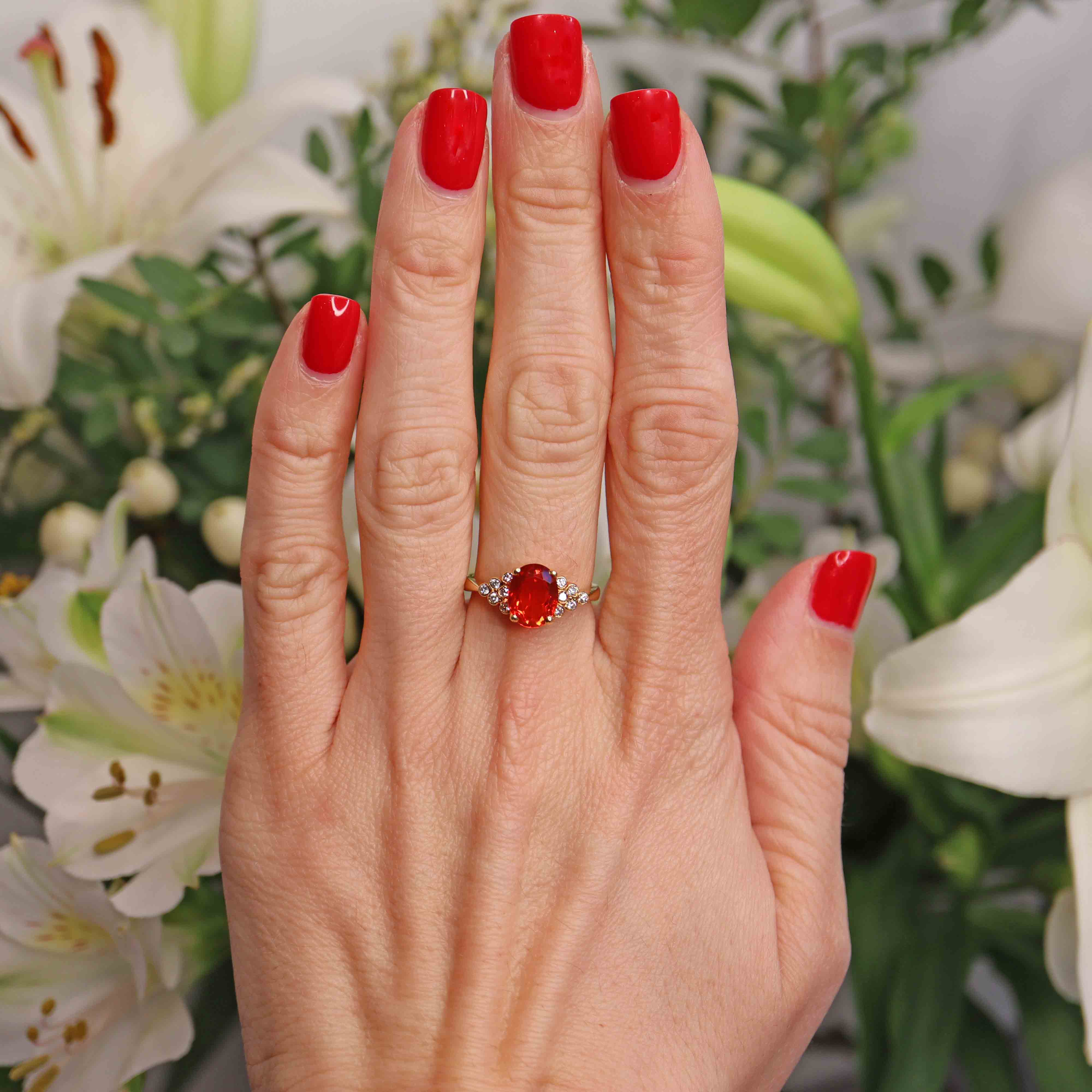 Ellibelle Jewellery Vintage 1987 Fire Opal & Diamond 18ct Gold Ring