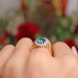 Ellibelle Jewellery Vintage 1987 London Blue Topaz & Diamond 18ct Gold Cluster Ring