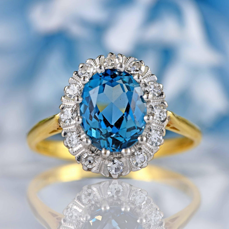 Ellibelle Jewellery Vintage 1987 London Blue Topaz & Diamond 18ct Gold Cluster Ring