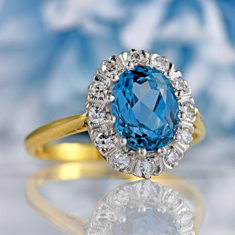 Ellibelle Jewellery Vintage 1987 London Blue Topaz & Diamond 18ct Gold Cluster Ring