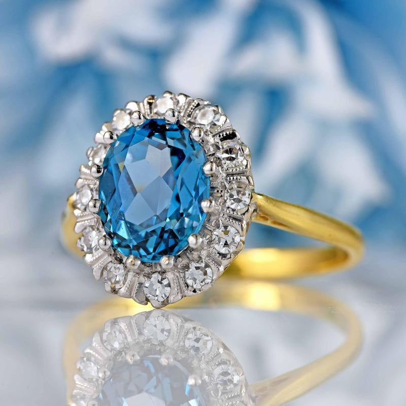 Ellibelle Jewellery Vintage 1987 London Blue Topaz & Diamond 18ct Gold Cluster Ring