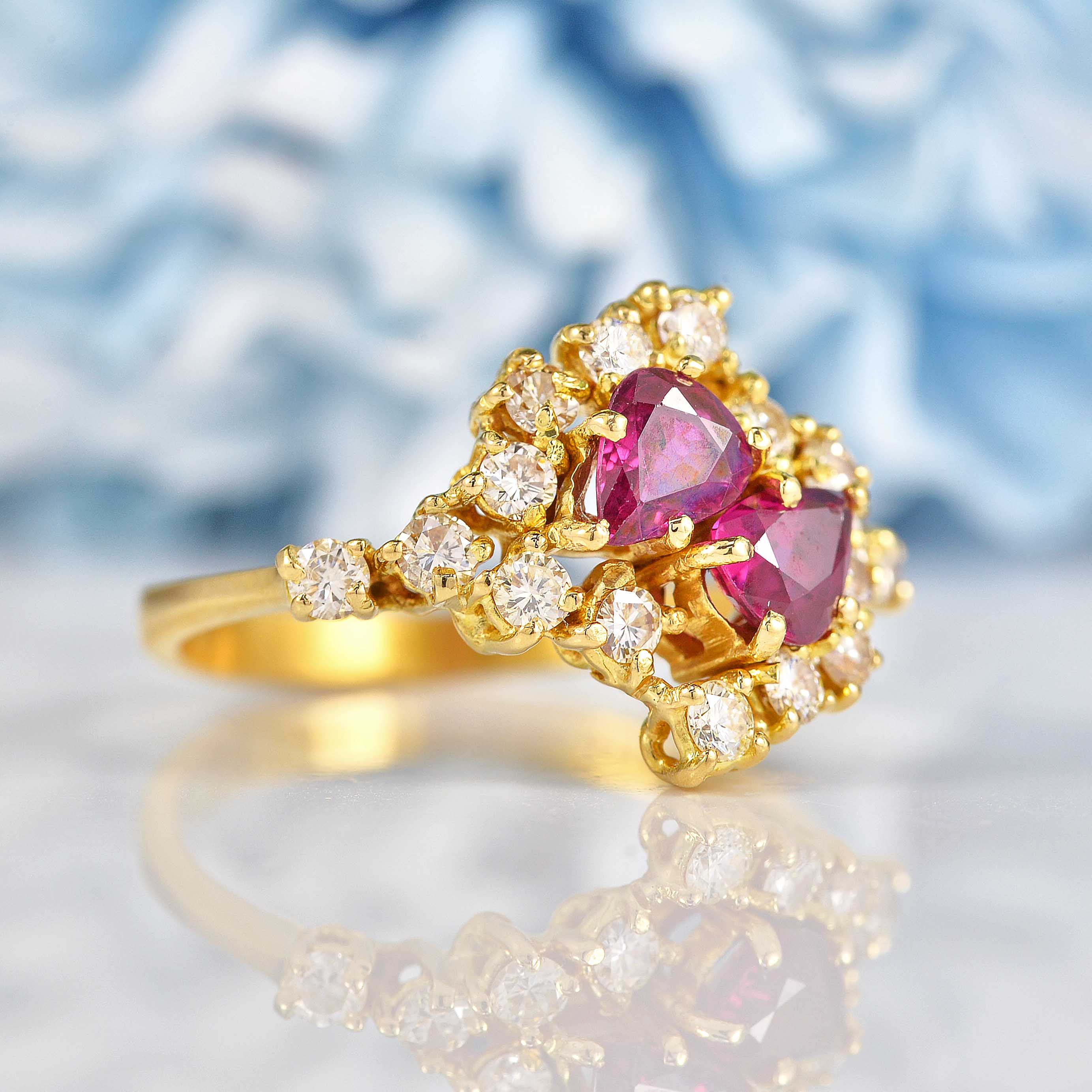 Vintage 1987 Pear-Cut Ruby Diamond 18ct Gold Cluster Ring