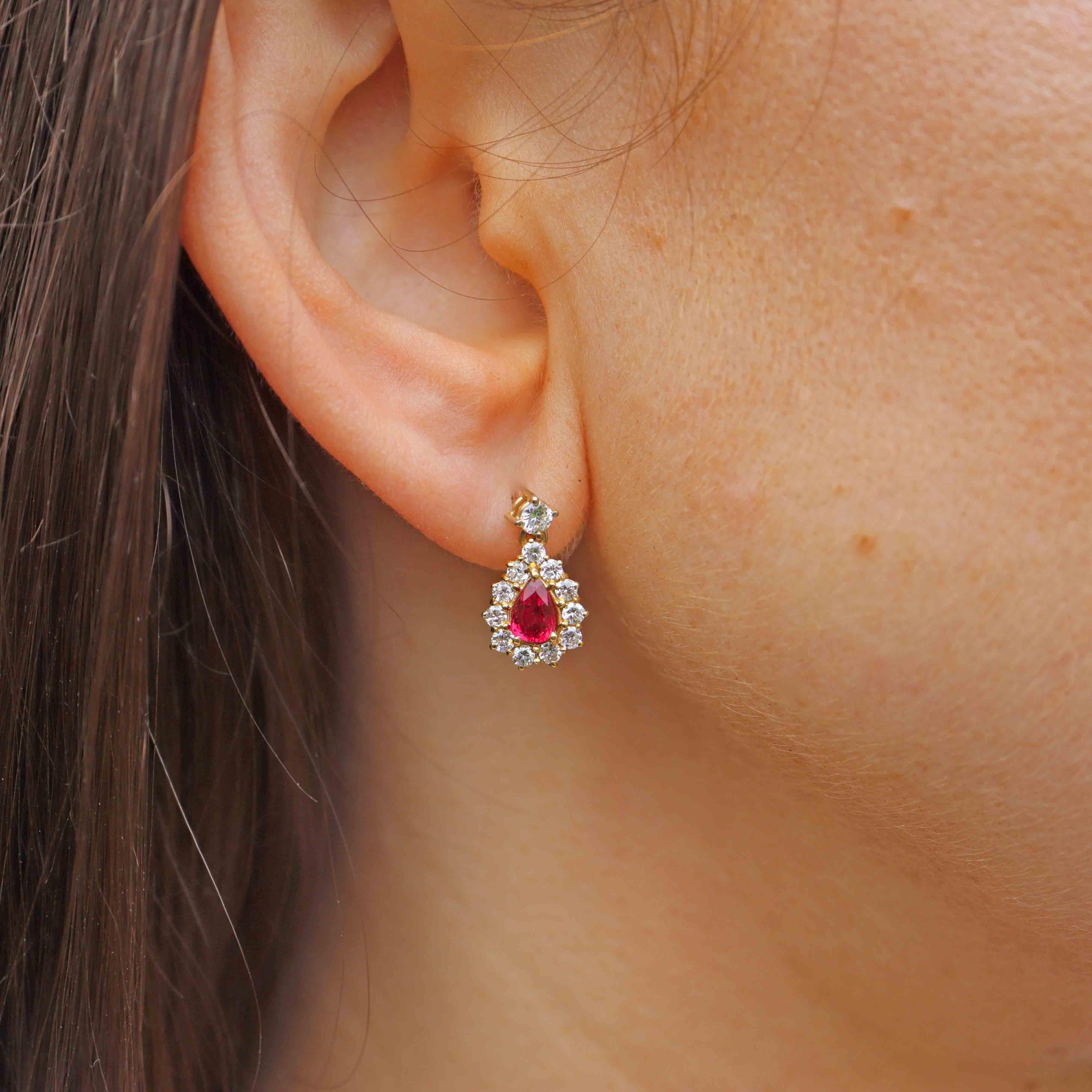 Ellibelle Jewellery Vintage 1987 Ruby & Diamond 18ct Gold Pear Drop Earrings