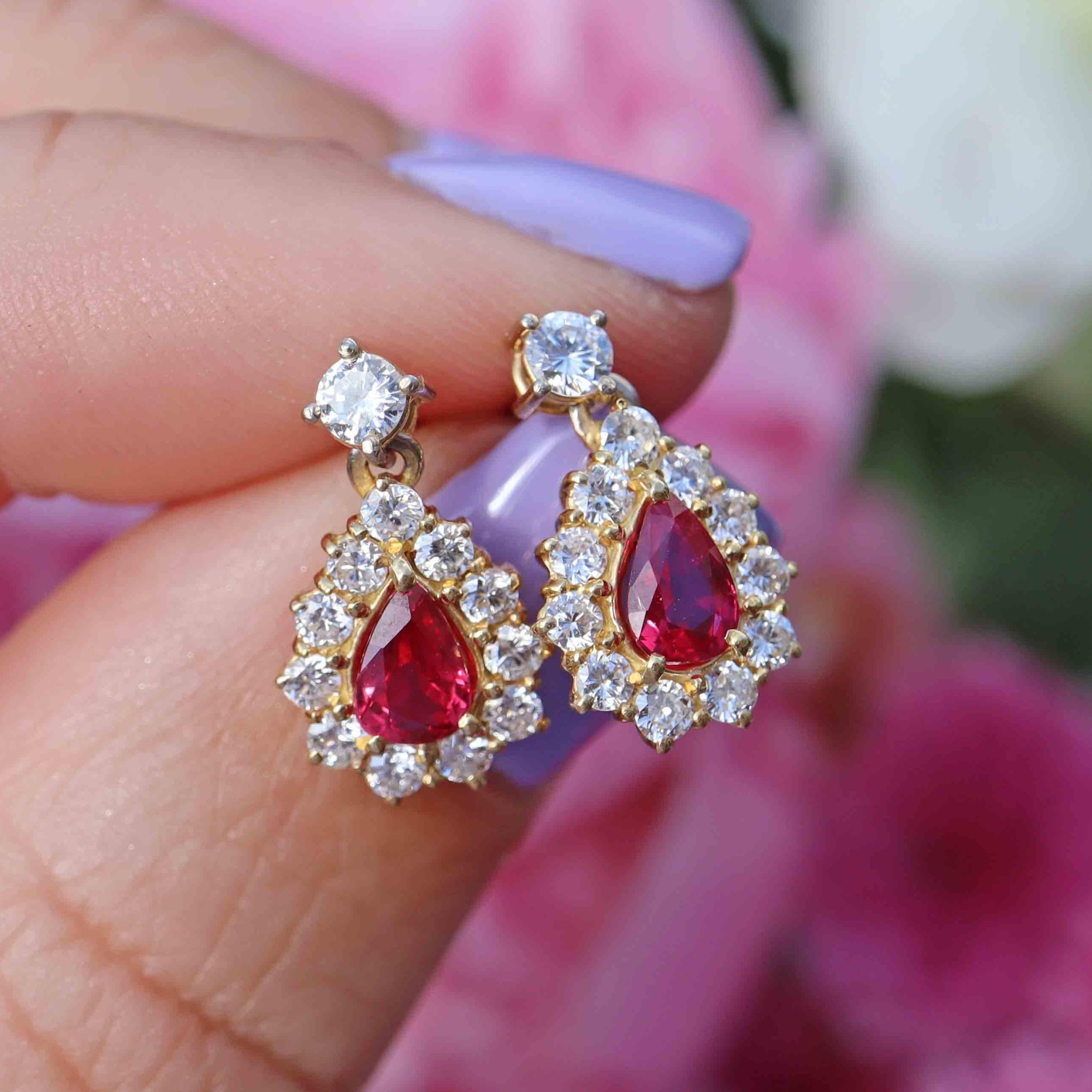 Ellibelle Jewellery Vintage 1987 Ruby & Diamond 18ct Gold Pear Drop Earrings