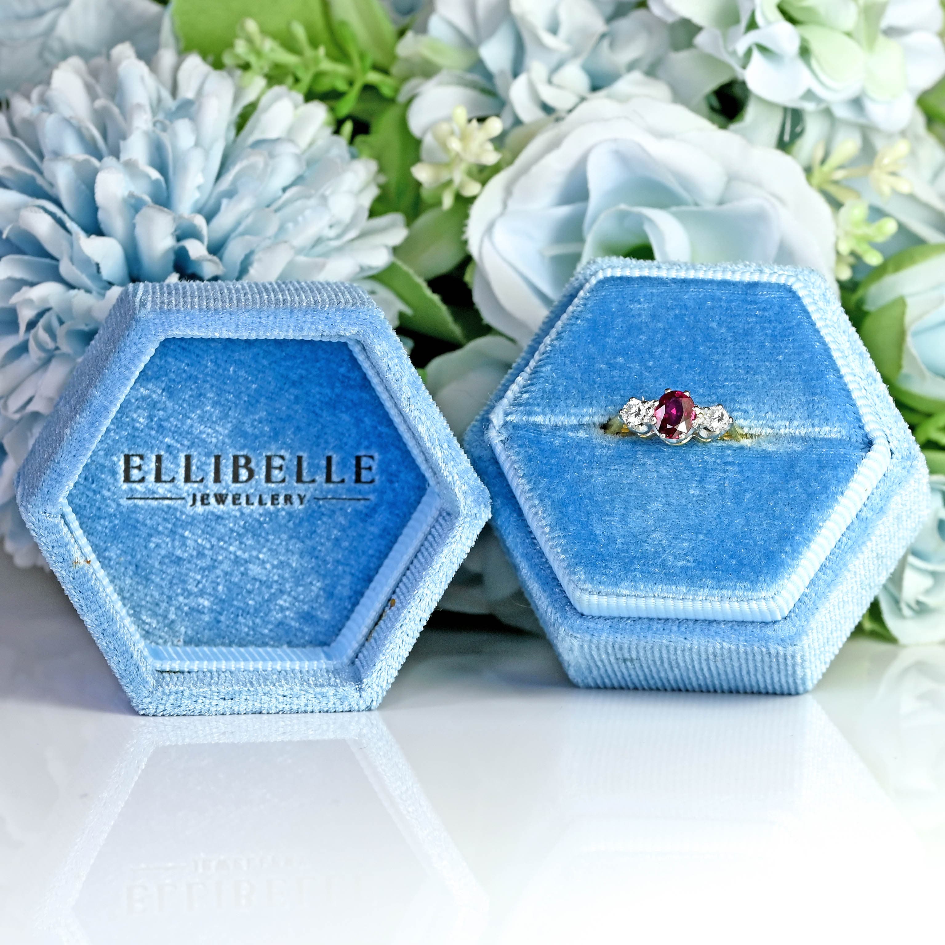 Ellibelle Jewellery Vintage 1987 Ruby & Diamond 18ct Gold Three-Stone Engagement Ring