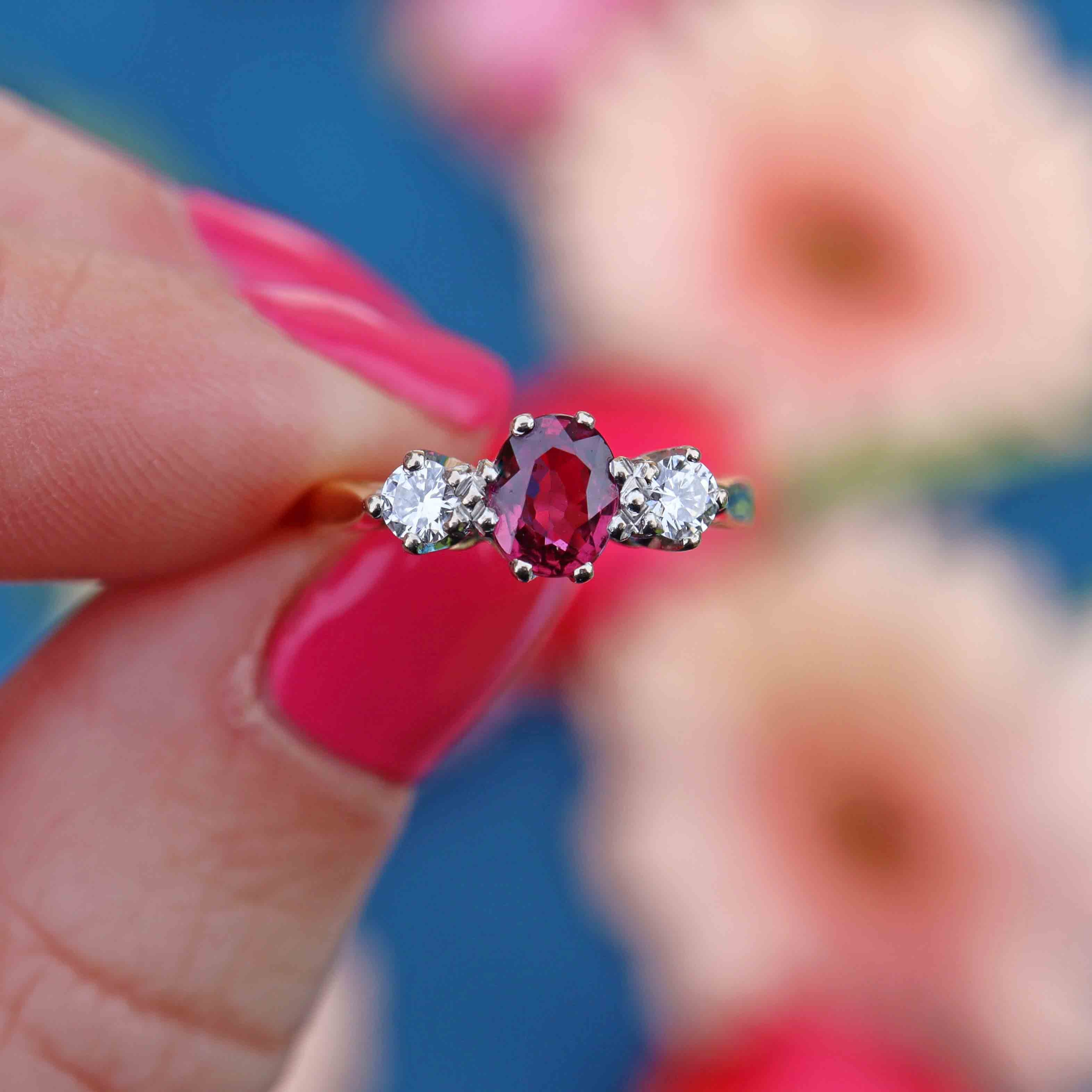 Ellibelle Jewellery Vintage 1987 Ruby & Diamond 18ct Gold Three-Stone Engagement Ring