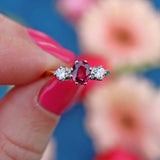 Ellibelle Jewellery Vintage 1987 Ruby & Diamond 18ct Gold Three-Stone Engagement Ring