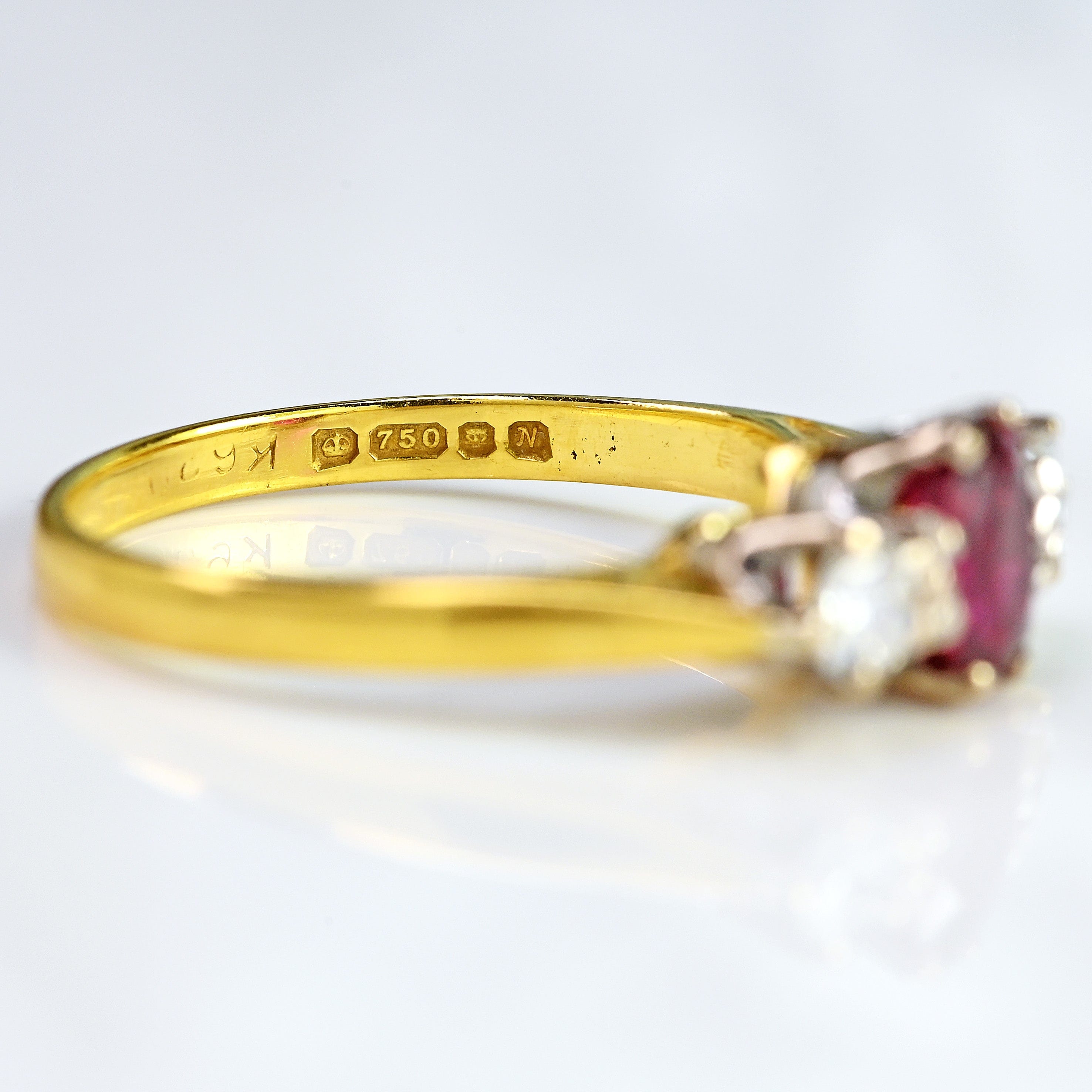 Ellibelle Jewellery Vintage 1987 Ruby & Diamond 18ct Gold Three-Stone Engagement Ring