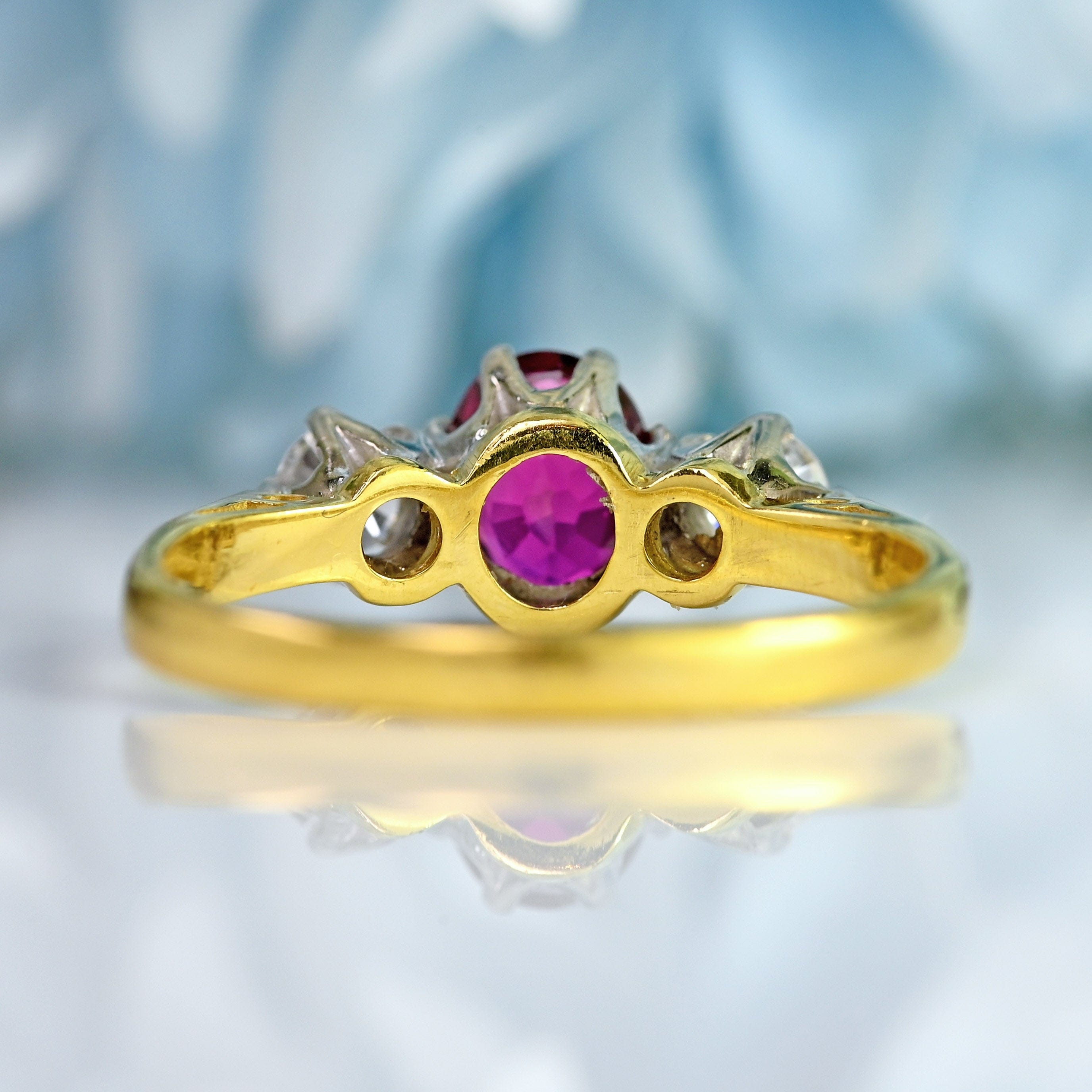 Ellibelle Jewellery Vintage 1987 Ruby & Diamond 18ct Gold Three-Stone Engagement Ring