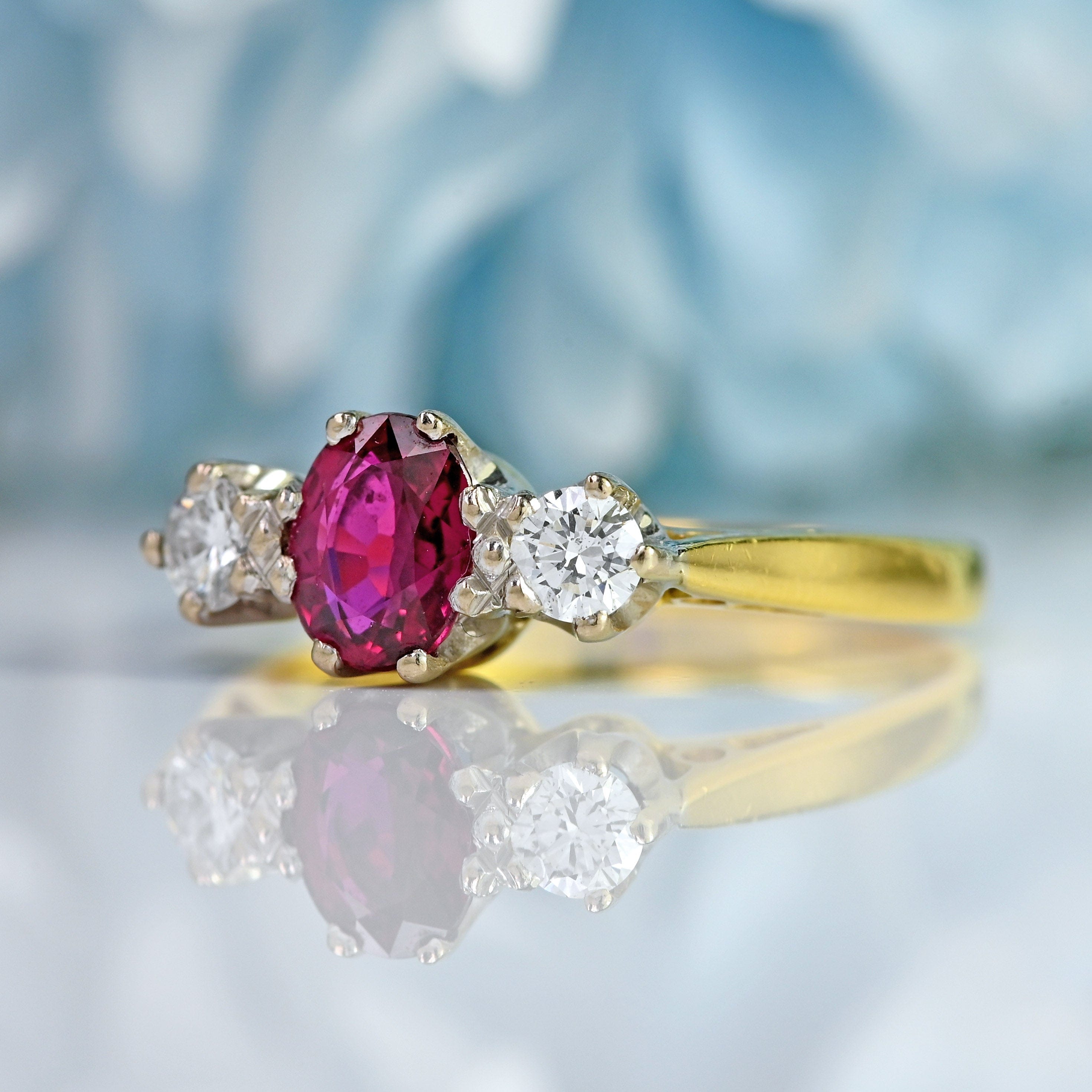 Ellibelle Jewellery Vintage 1987 Ruby & Diamond 18ct Gold Three-Stone Engagement Ring