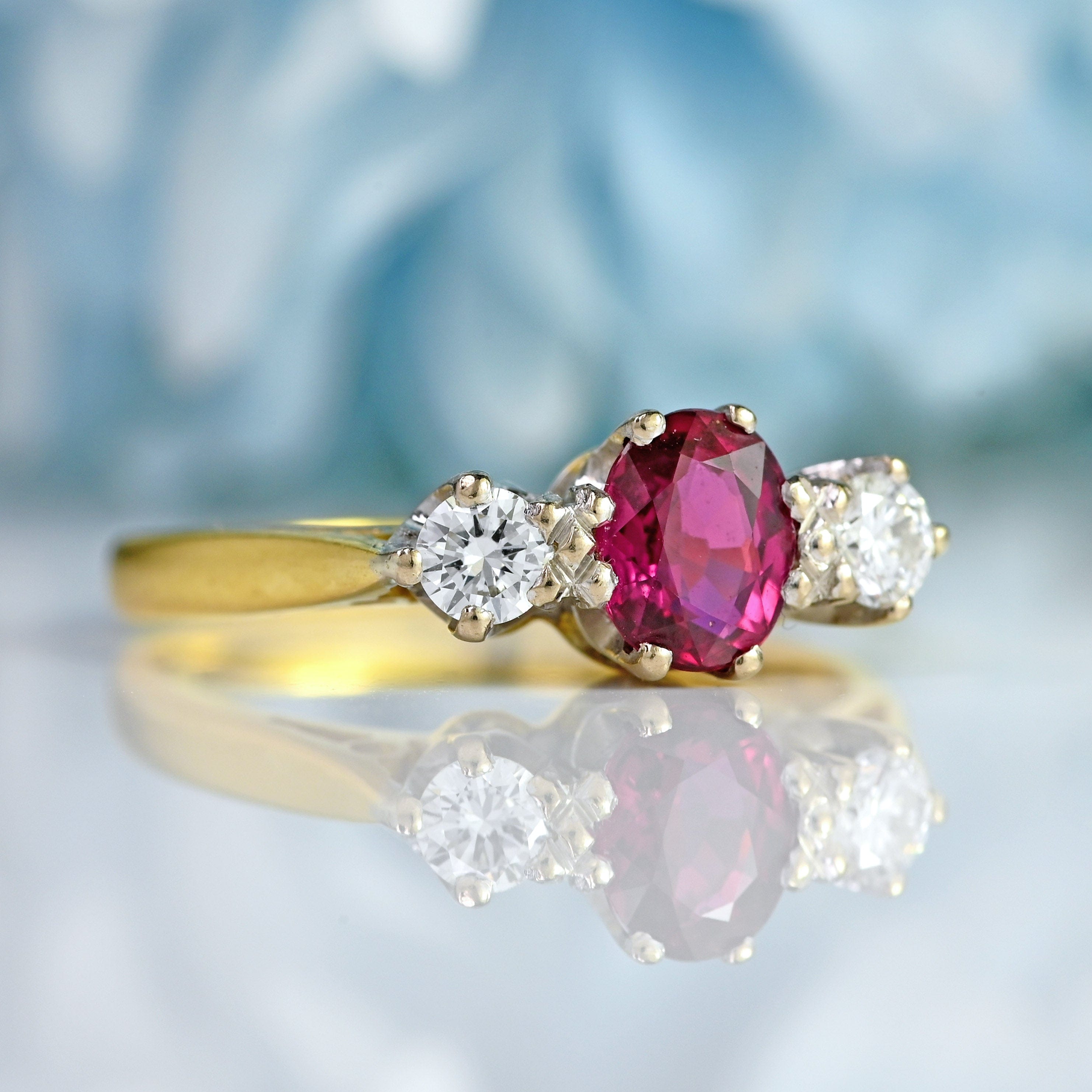 Ellibelle Jewellery Vintage 1987 Ruby & Diamond 18ct Gold Three-Stone Engagement Ring