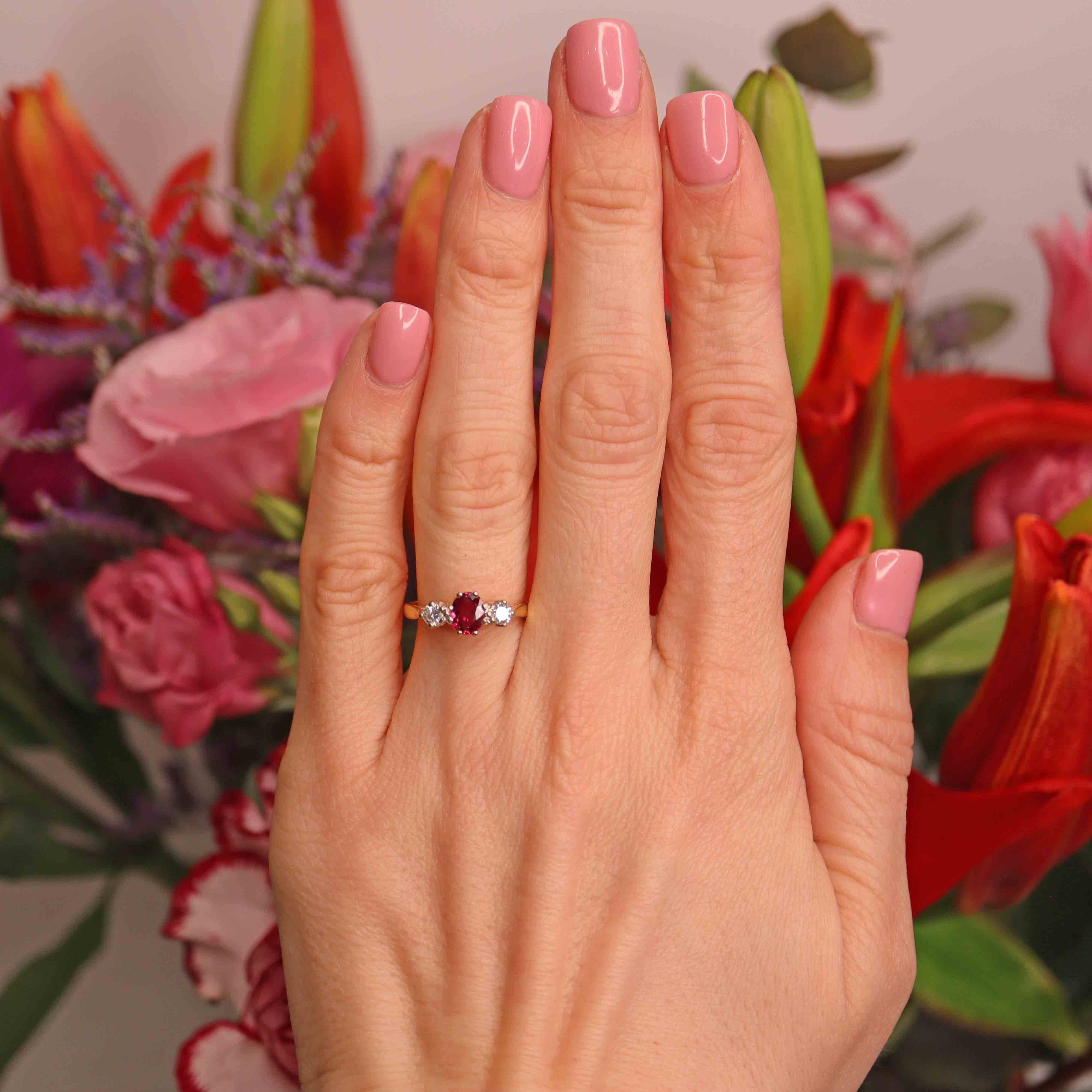 Ellibelle Jewellery Vintage 1987 Ruby & Diamond 18ct Gold Three-Stone Engagement Ring