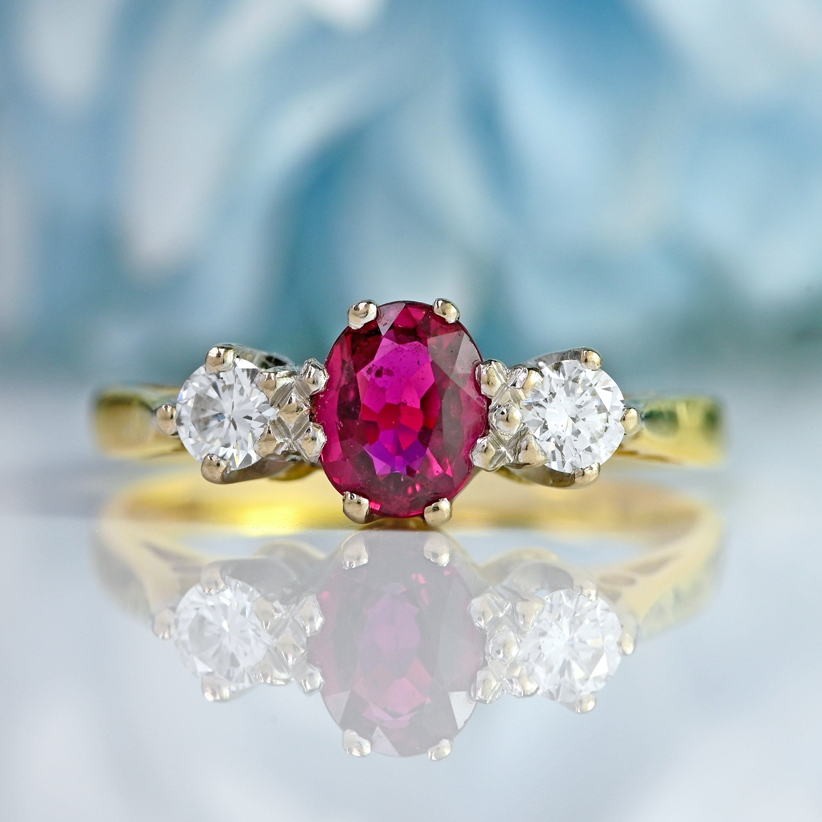 Ellibelle Jewellery Vintage 1987 Ruby & Diamond 18ct Gold Three-Stone Engagement Ring