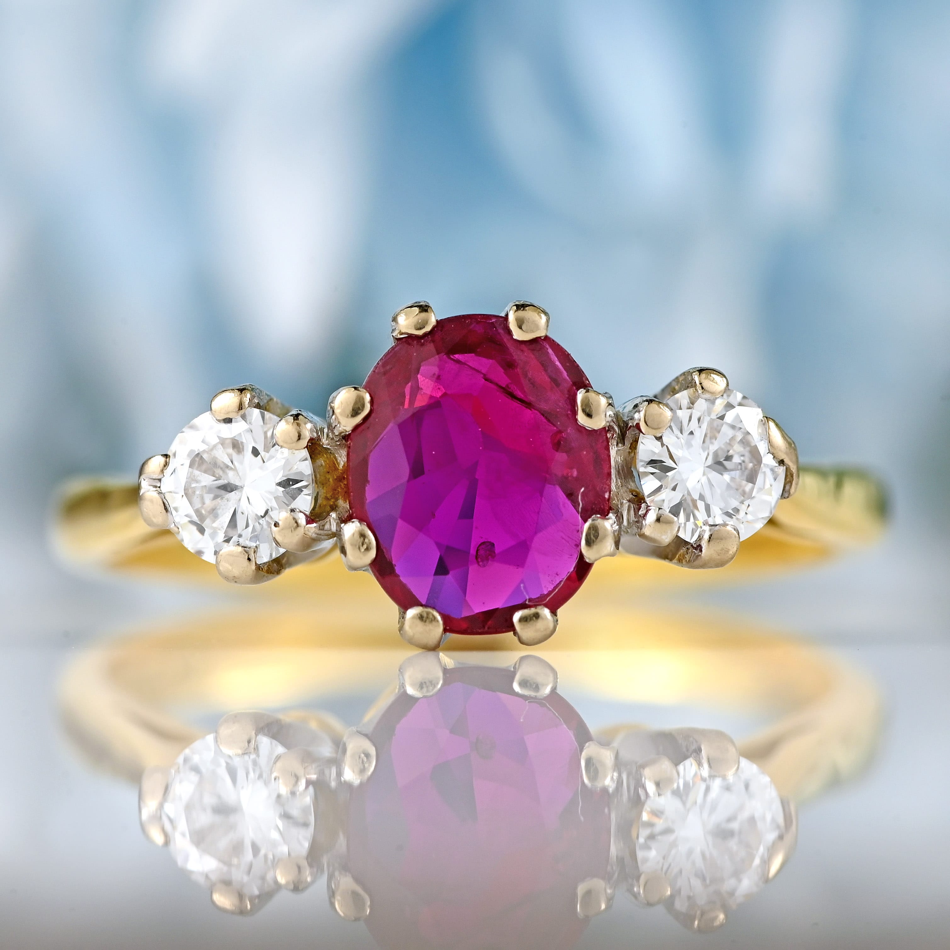 Ellibelle Jewellery Vintage 1987 Ruby & Diamond 18ct Gold Three-Stone Trilogy Engagement Ring