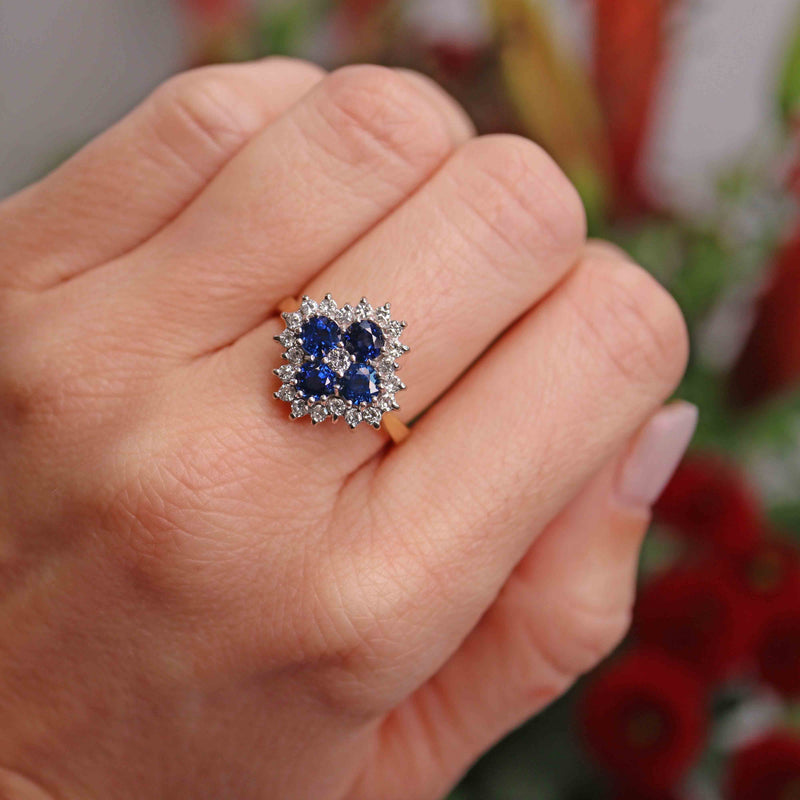 Ellibelle Jewellery Vintage 1987 Sapphire & Diamond 18ct Gold Cluster Ring