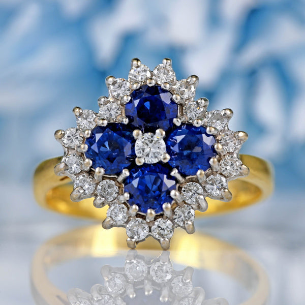 Ellibelle Jewellery Vintage 1987 Sapphire & Diamond 18ct Gold Cluster Ring