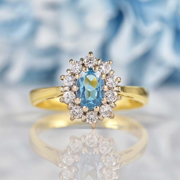 Ellibelle Jewellery Vintage 1987 Swiss Blue Topaz & Diamond Cluster Ring