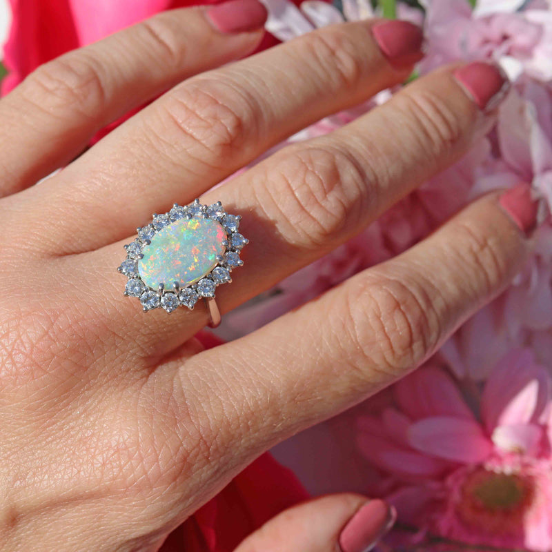 Ellibelle Jewellery Vintage 1988 Australian Opal & Diamond 18ct White Gold Cluster Ring (1.80ct)