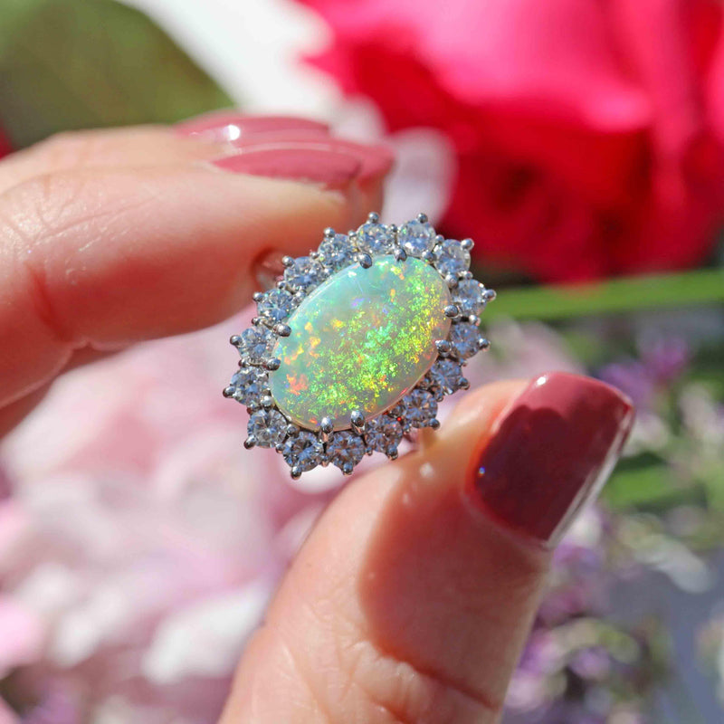 Ellibelle Jewellery Vintage 1988 Australian Opal & Diamond 18ct White Gold Cluster Ring (1.80ct)