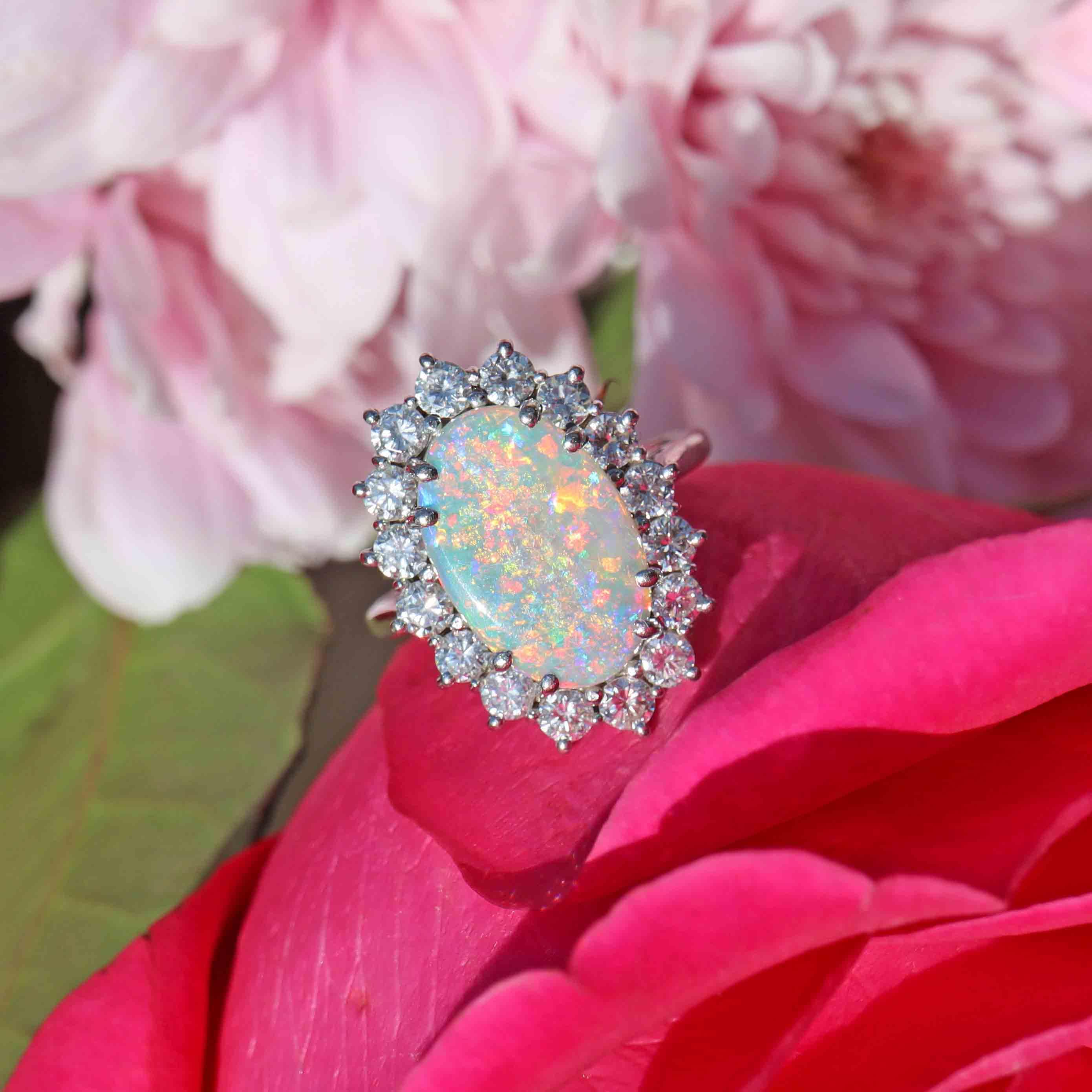 Ellibelle Jewellery Vintage 1988 Australian Opal & Diamond 18ct White Gold Cluster Ring (1.80ct)