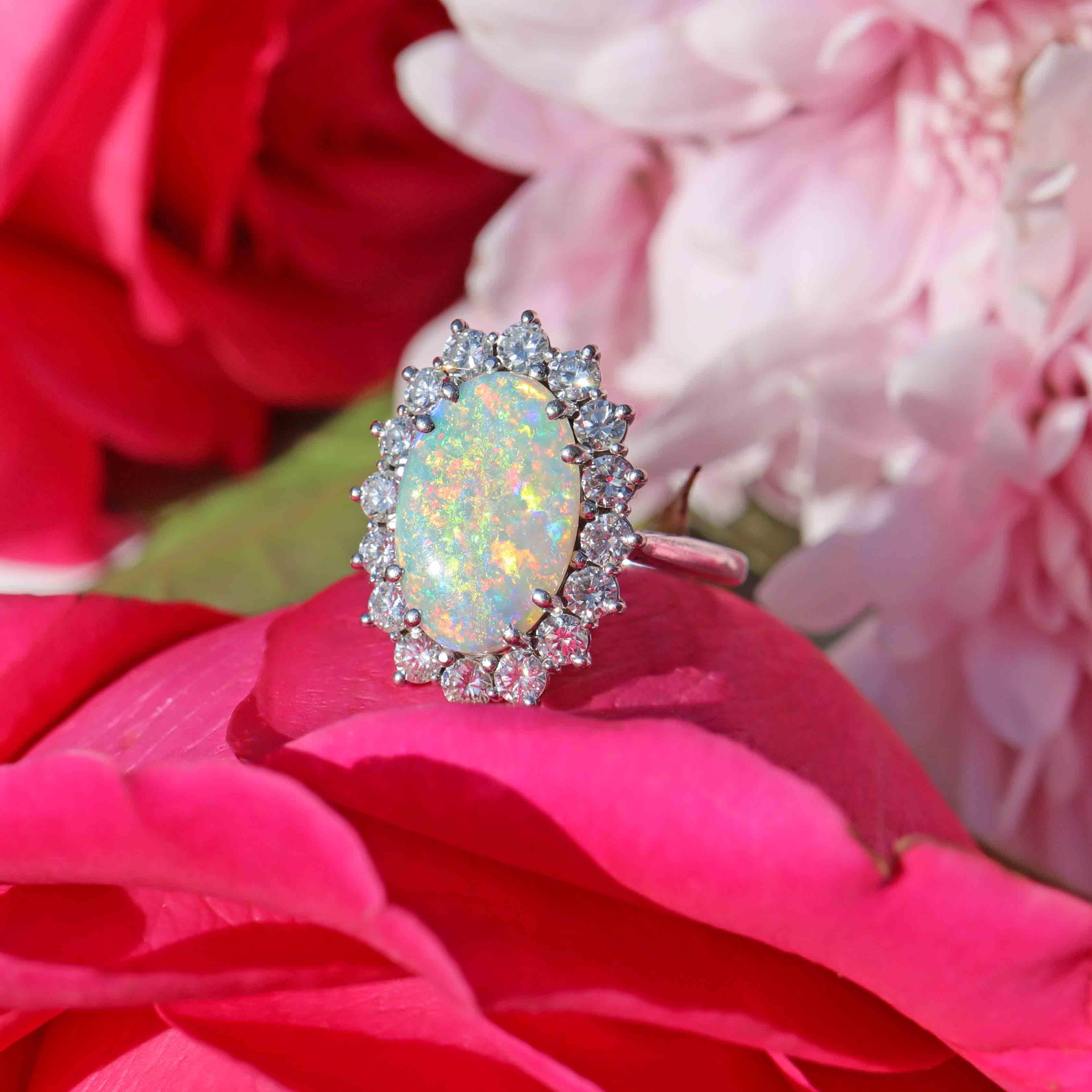 Ellibelle Jewellery Vintage 1988 Australian Opal & Diamond 18ct White Gold Cluster Ring (1.80ct)