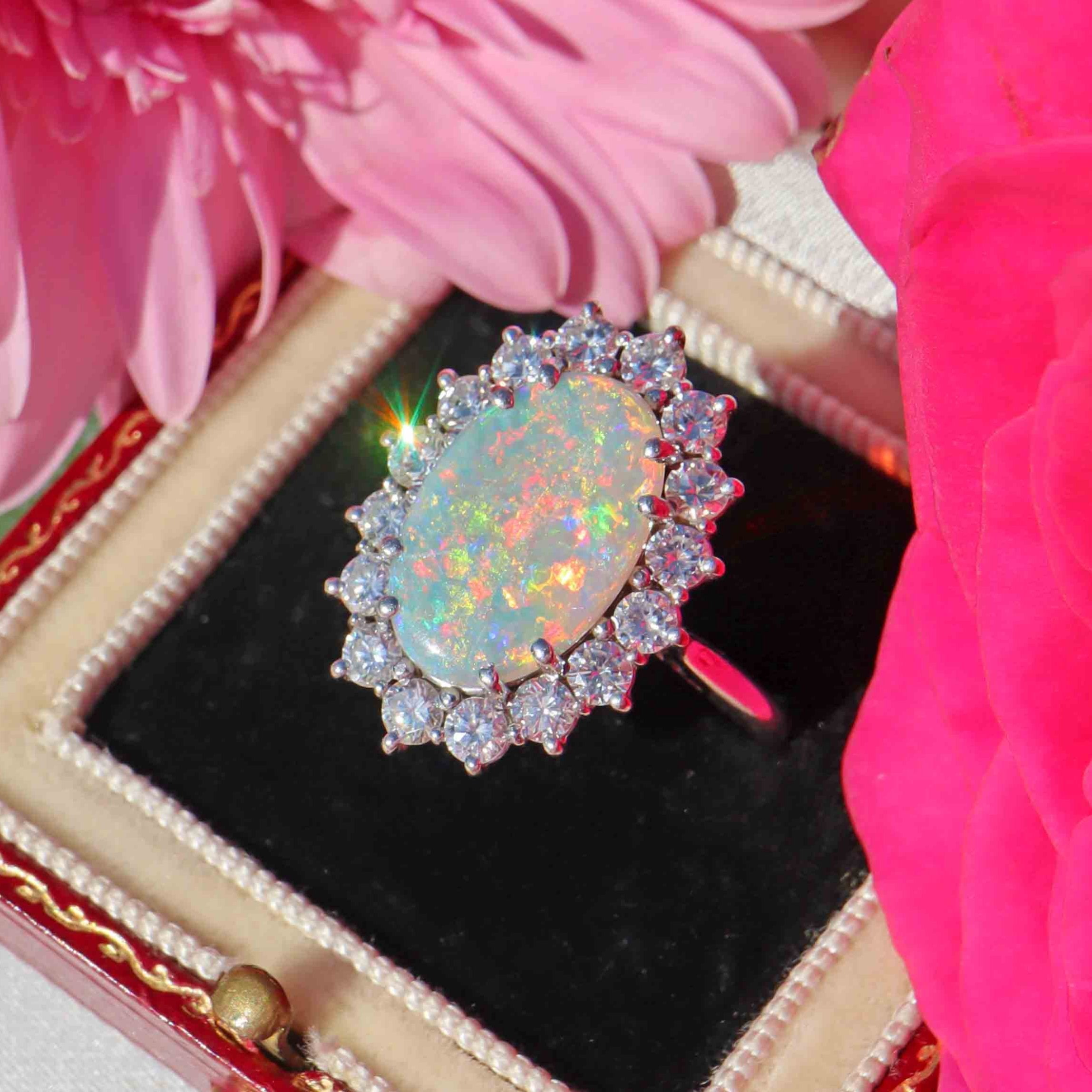 Ellibelle Jewellery Vintage 1988 Australian Opal & Diamond 18ct White Gold Cluster Ring (1.80ct)