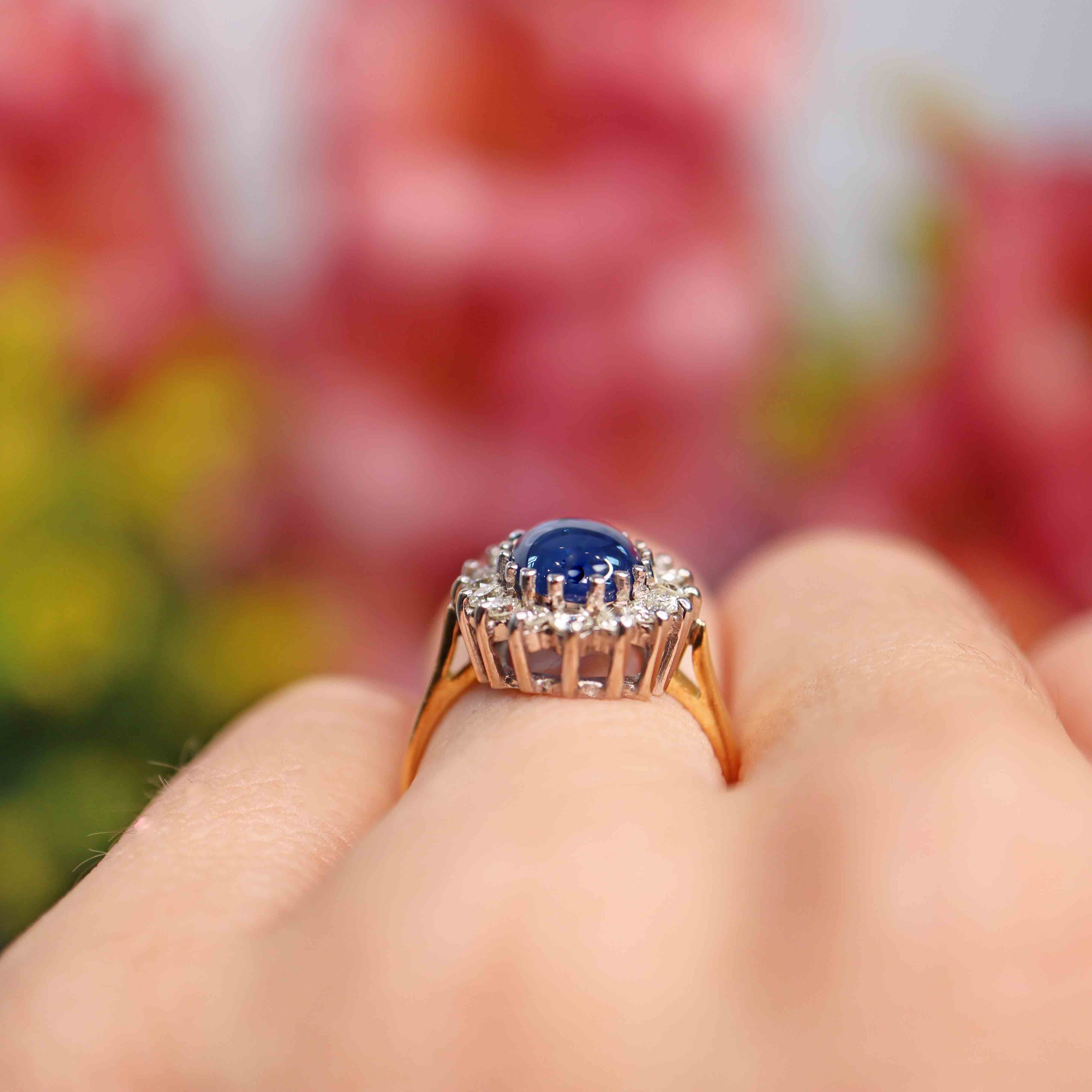 Ellibelle Jewellery Vintage 1988 Cabochon Sapphire & Diamond 18ct Gold Cluster Ring