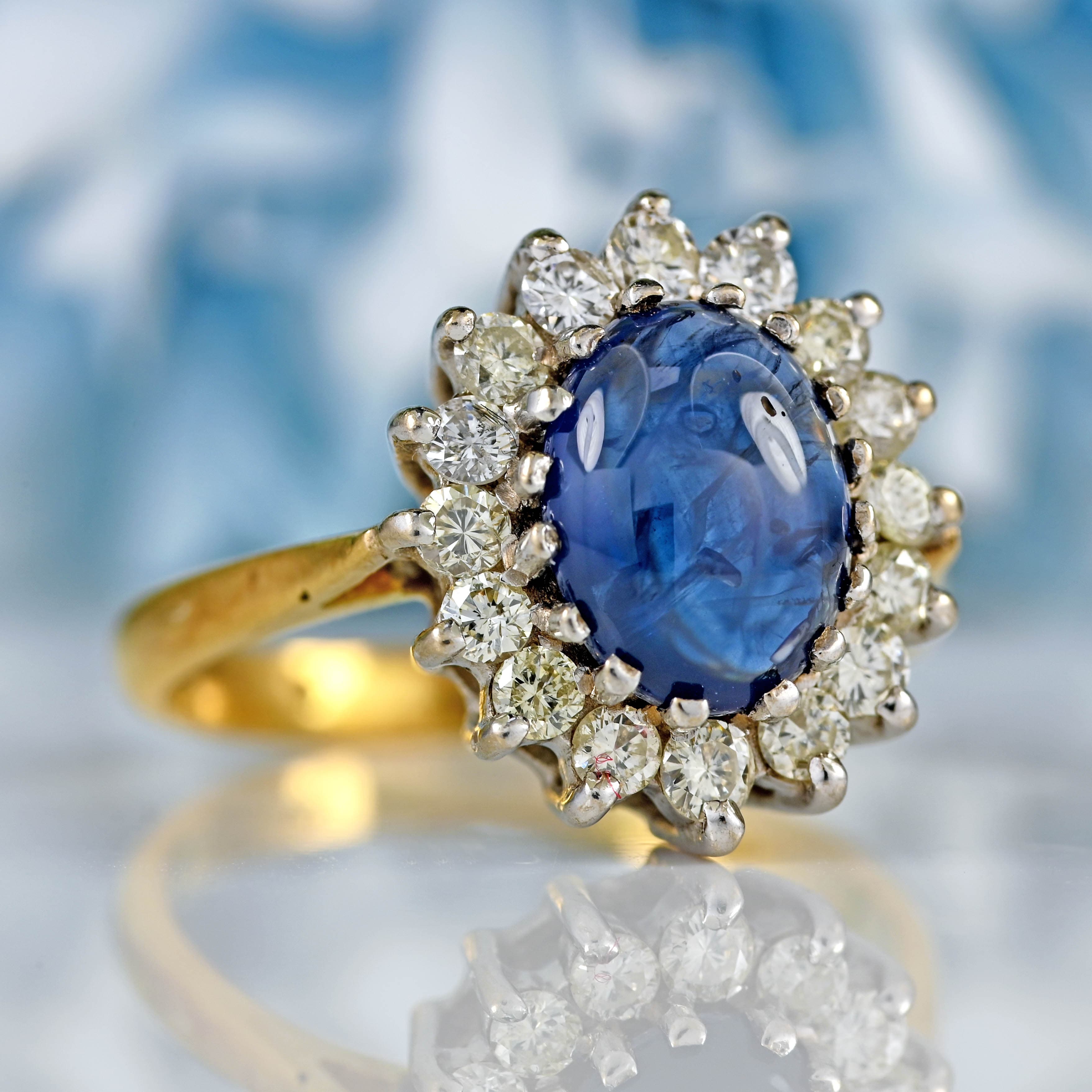 Ellibelle Jewellery Vintage 1988 Cabochon Sapphire & Diamond 18ct Gold Cluster Ring