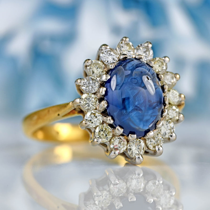 Ellibelle Jewellery Vintage 1988 Cabochon Sapphire & Diamond 18ct Gold Cluster Ring