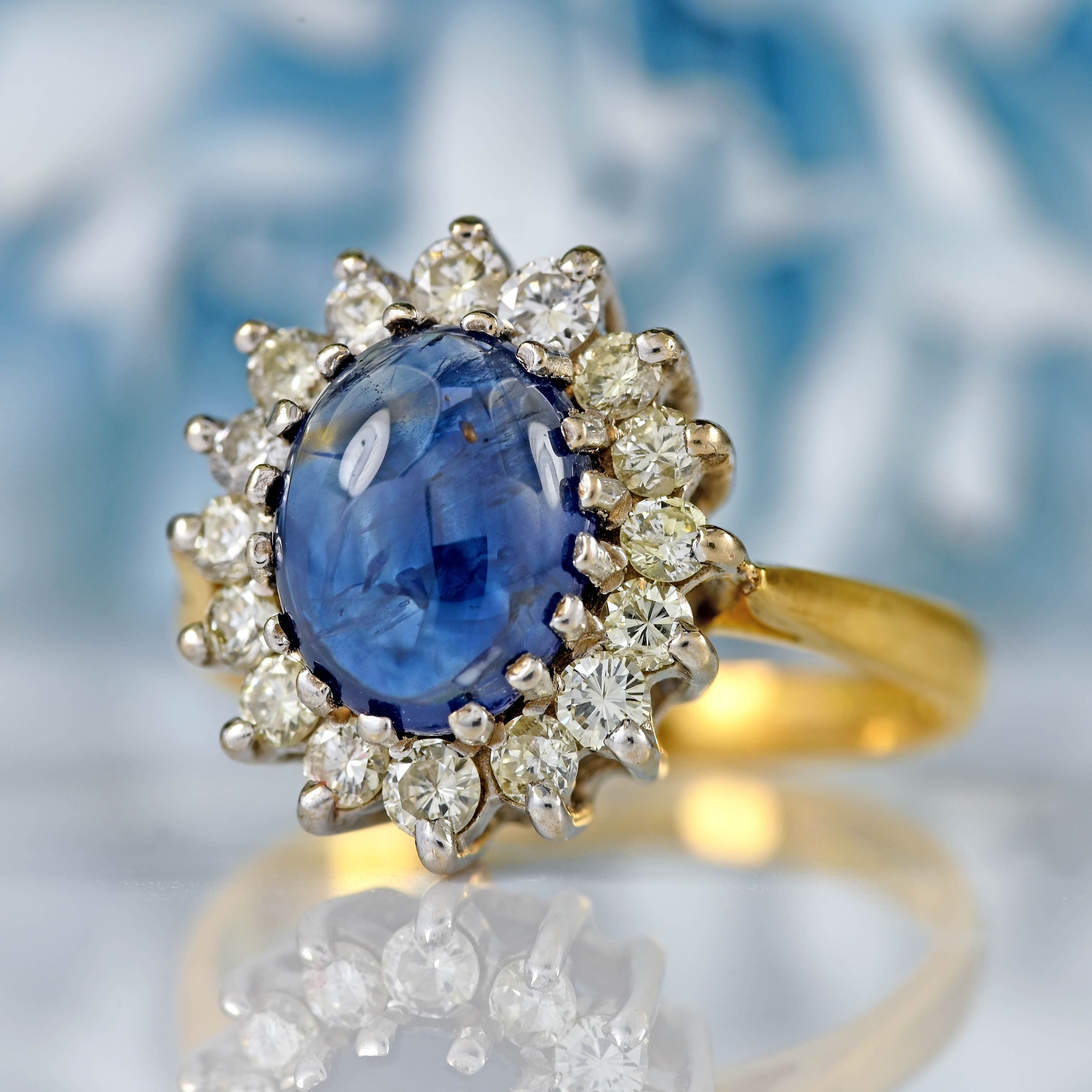 Ellibelle Jewellery Vintage 1988 Cabochon Sapphire & Diamond 18ct Gold Cluster Ring