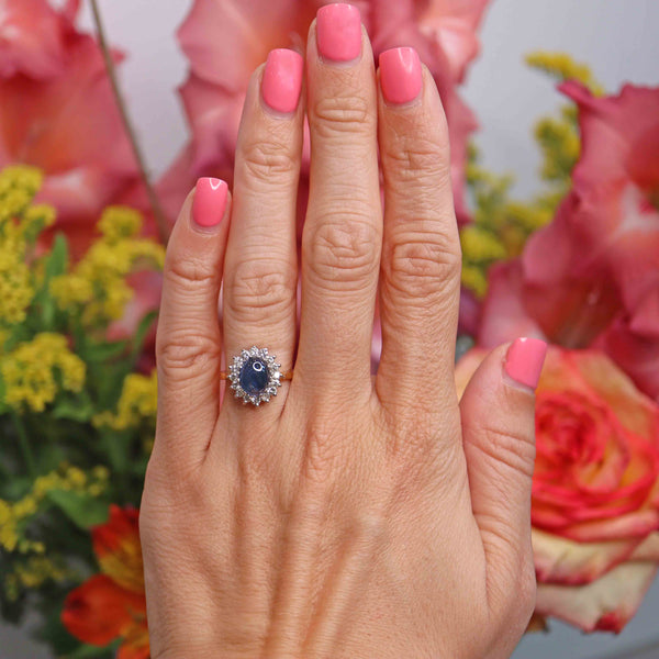 Ellibelle Jewellery Vintage 1988 Cabochon Sapphire & Diamond 18ct Gold Cluster Ring