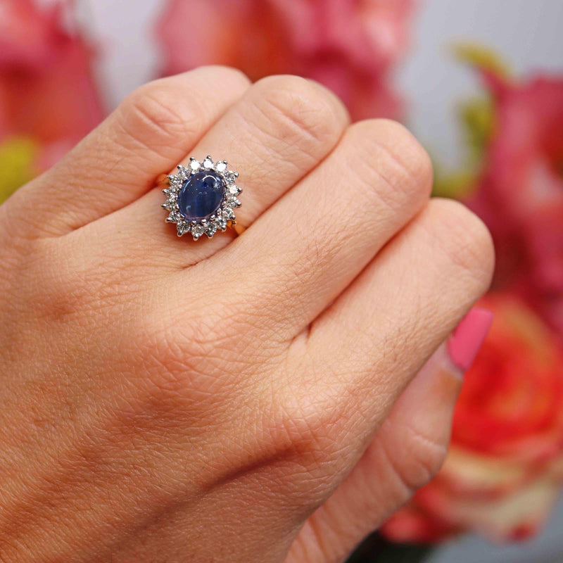 Ellibelle Jewellery Vintage 1988 Cabochon Sapphire & Diamond 18ct Gold Cluster Ring