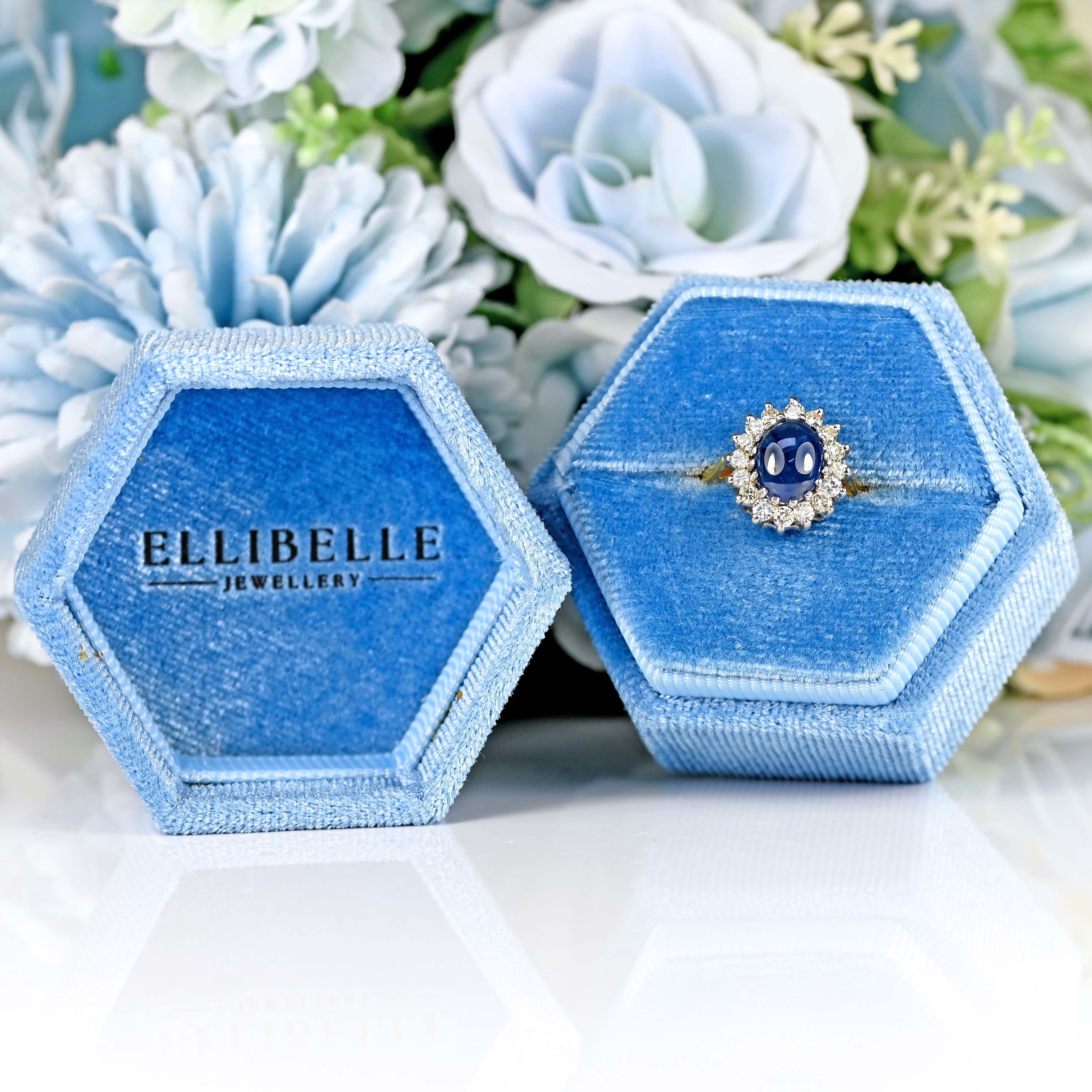 Ellibelle Jewellery Vintage 1988 Cabochon Sapphire & Diamond 18ct Gold Cluster Ring