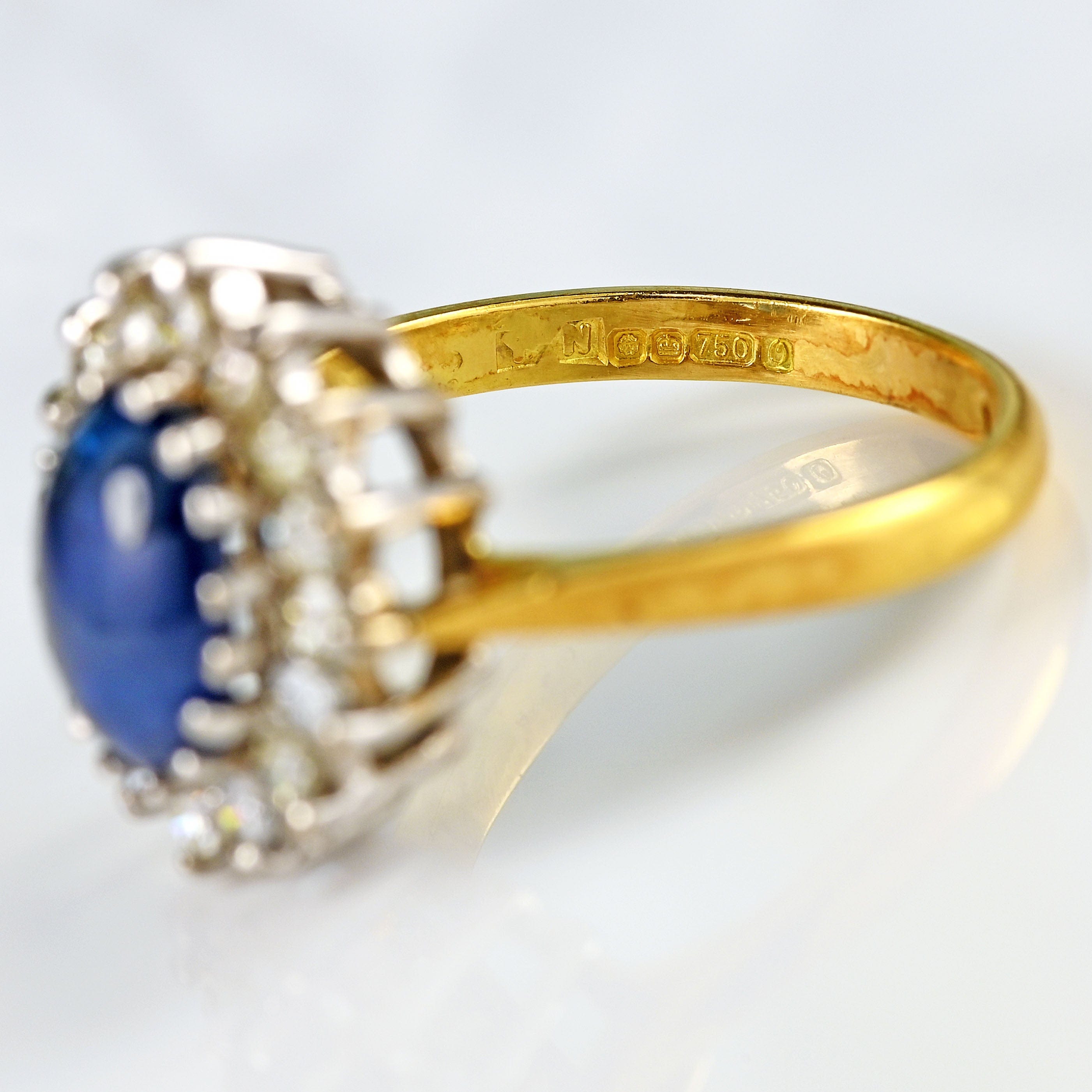 Ellibelle Jewellery Vintage 1988 Cabochon Sapphire & Diamond 18ct Gold Cluster Ring
