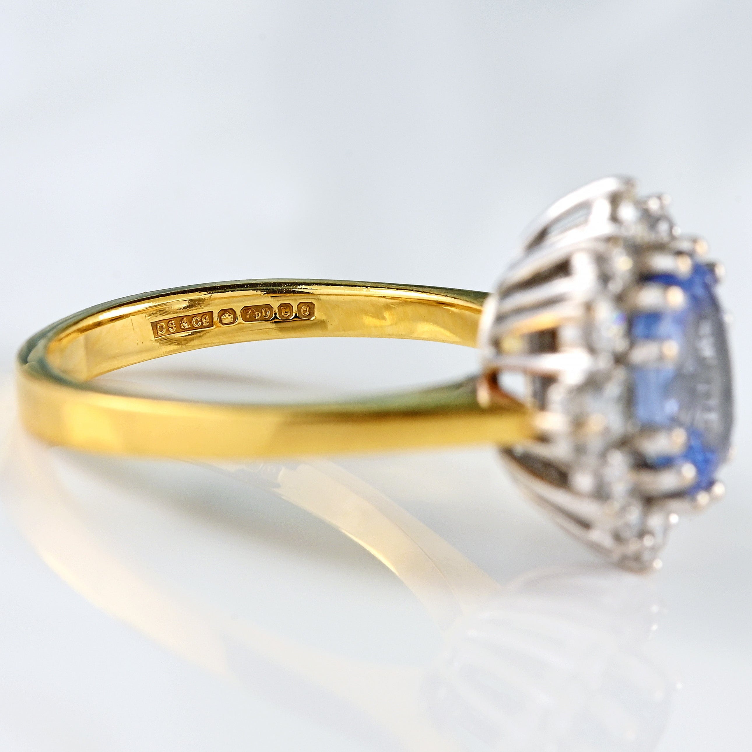 Ellibelle Jewellery Vintage 1988 Ceylon Sapphire & Diamond 18ct Gold Cluster Engagement Ring (1.47cts)