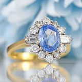 Ellibelle Jewellery Vintage 1988 Ceylon Sapphire & Diamond 18ct Gold Cluster Engagement Ring (1.47cts)
