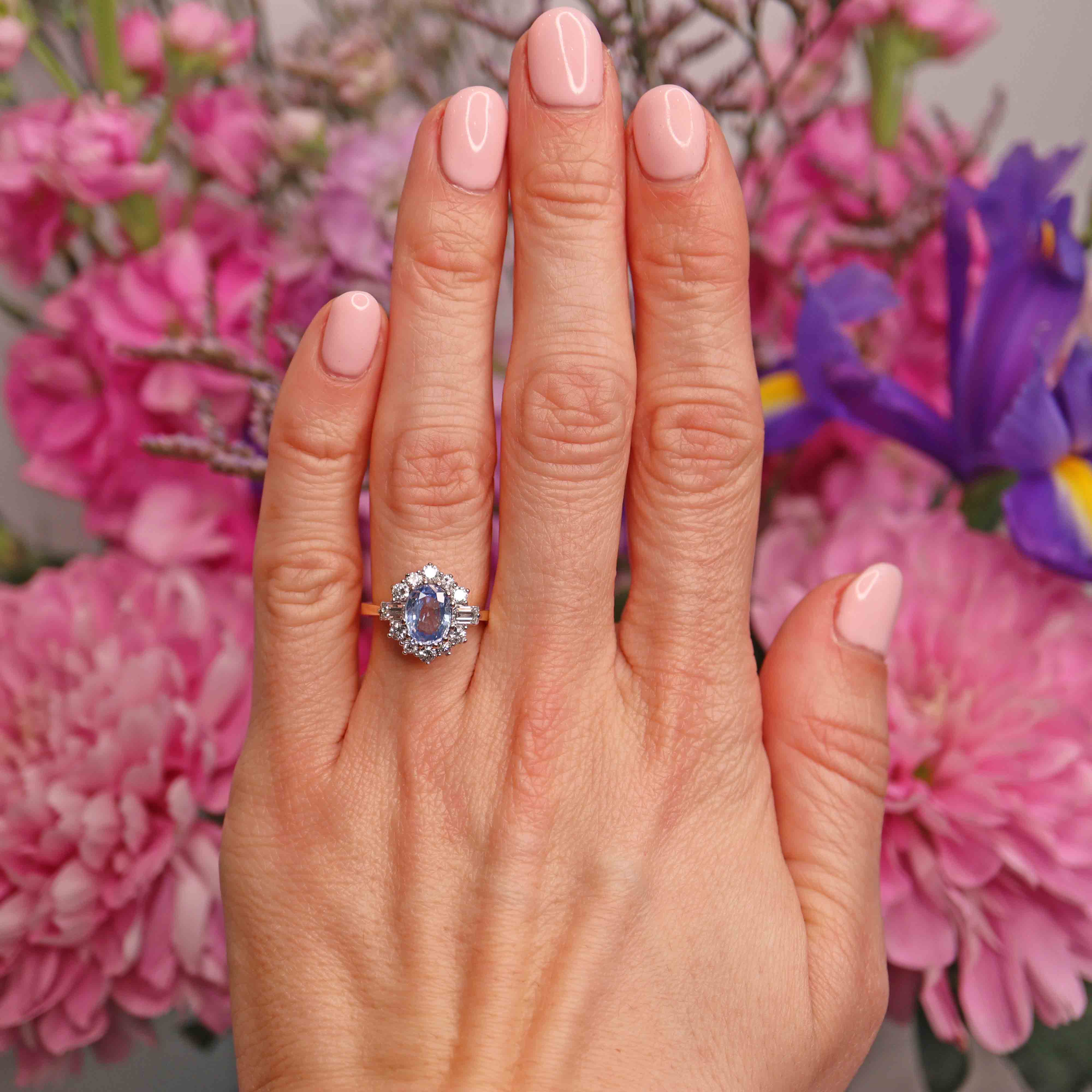Ellibelle Jewellery Vintage 1988 Ceylon Sapphire & Diamond 18ct Gold Cluster Engagement Ring (1.47cts)