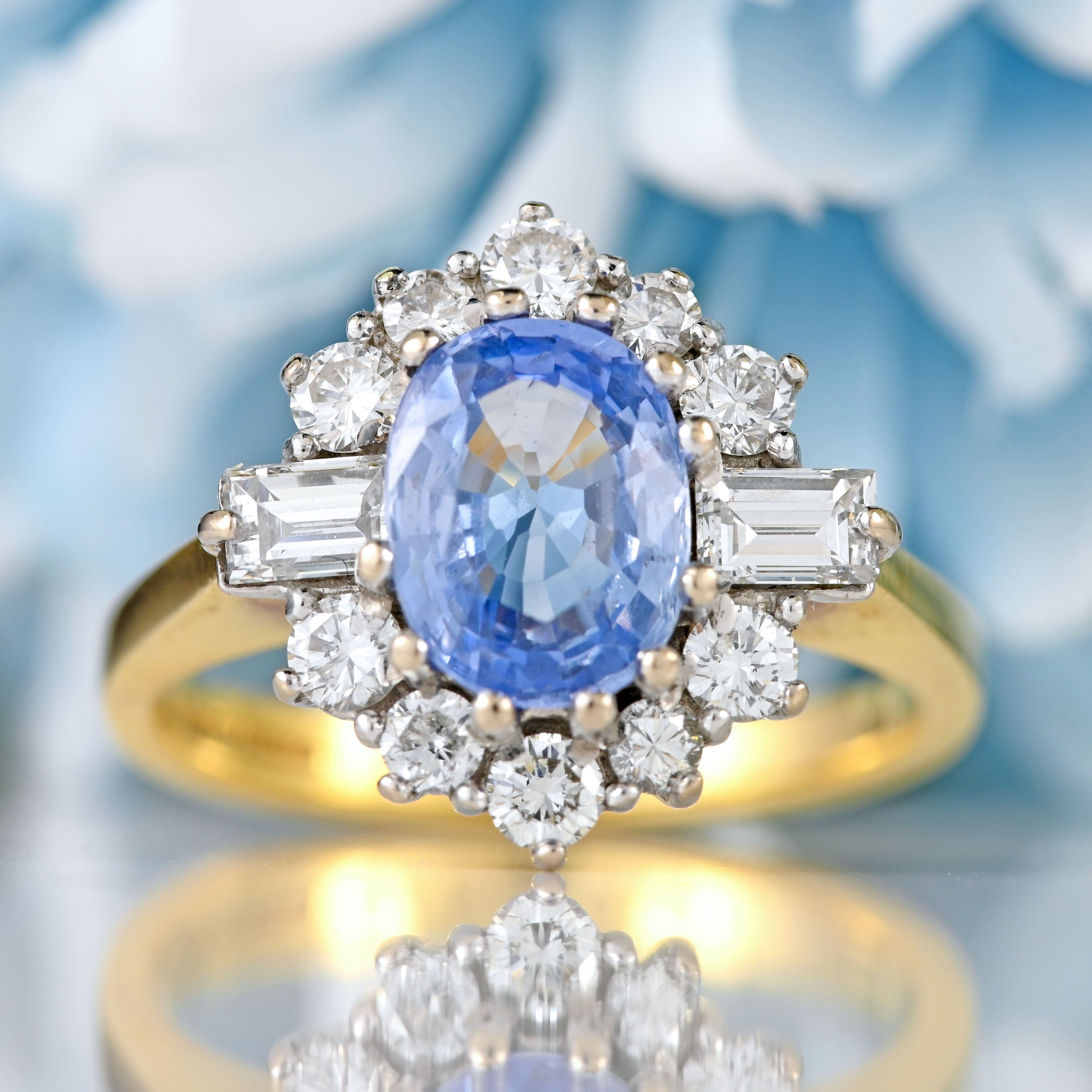 Ellibelle Jewellery Vintage 1988 Ceylon Sapphire & Diamond 18ct Gold Cluster Engagement Ring (1.47cts)