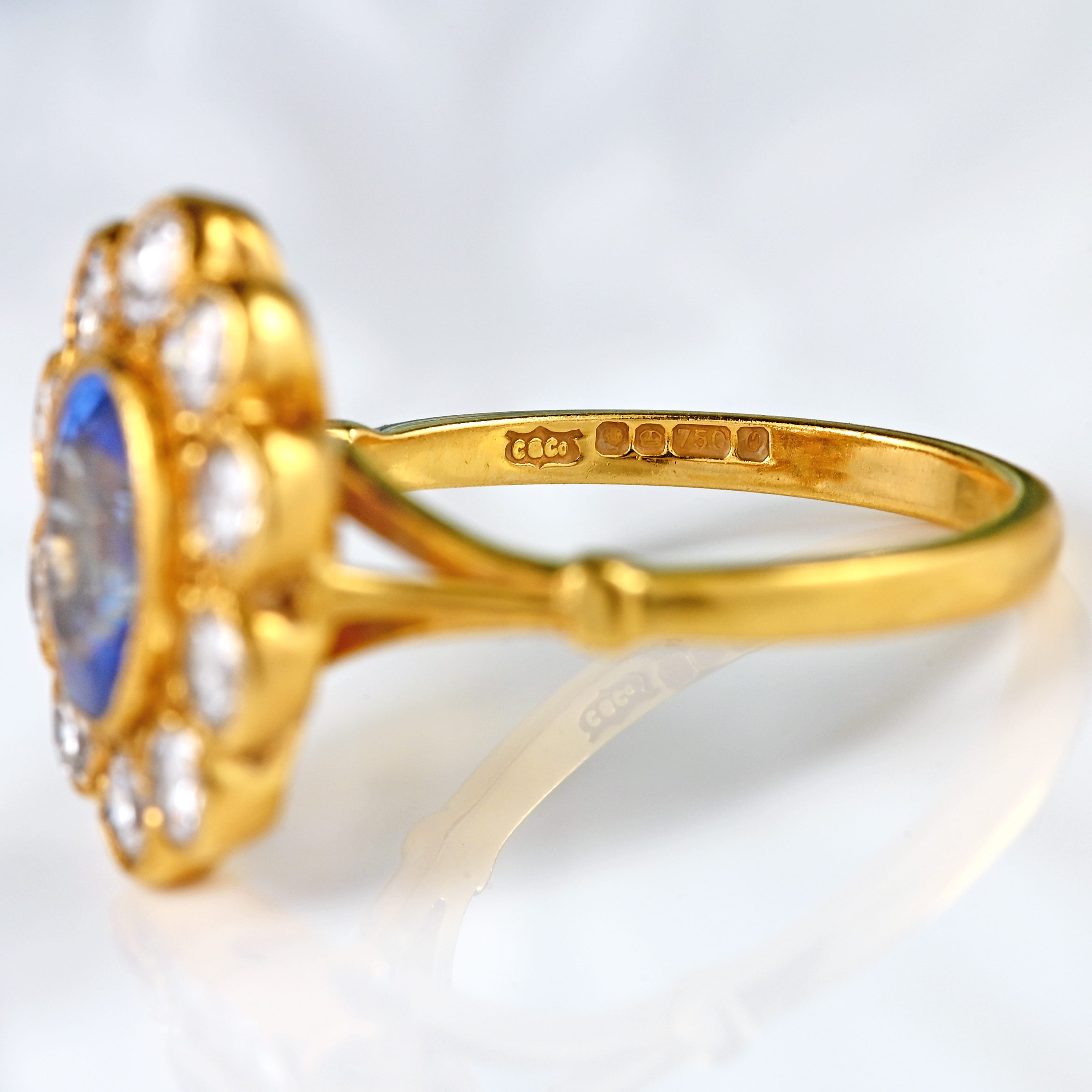 Ellibelle Jewellery Vintage 1988 Ceylon Sapphire & Diamond 18ct Gold Cluster Engagement Ring (1.85cts)