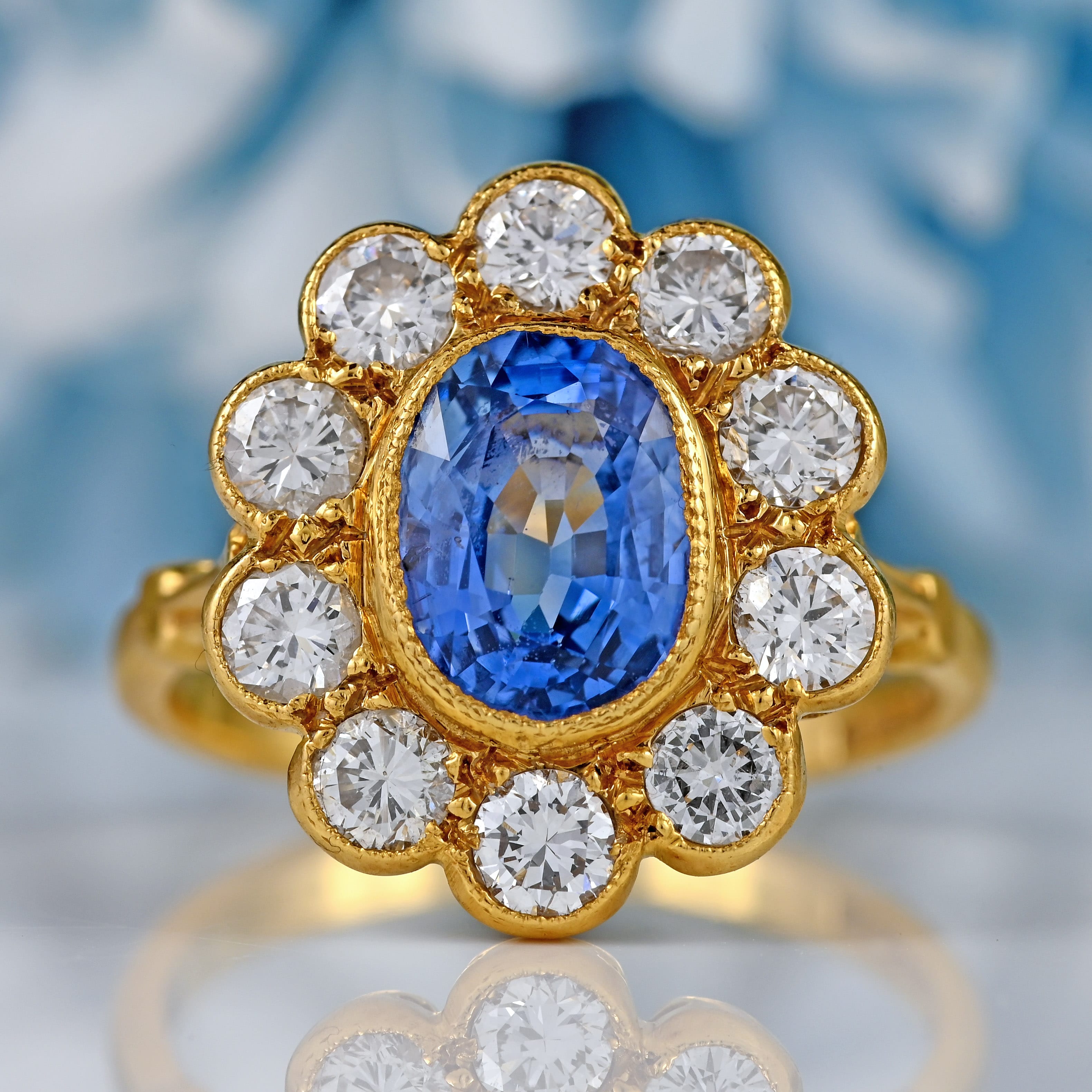 Ellibelle Jewellery Vintage 1988 Ceylon Sapphire & Diamond 18ct Gold Cluster Engagement Ring (1.85cts)