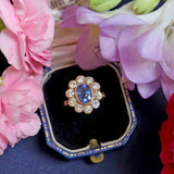 Ellibelle Jewellery Vintage 1988 Ceylon Sapphire & Diamond 18ct Gold Cluster Engagement Ring (1.85cts)