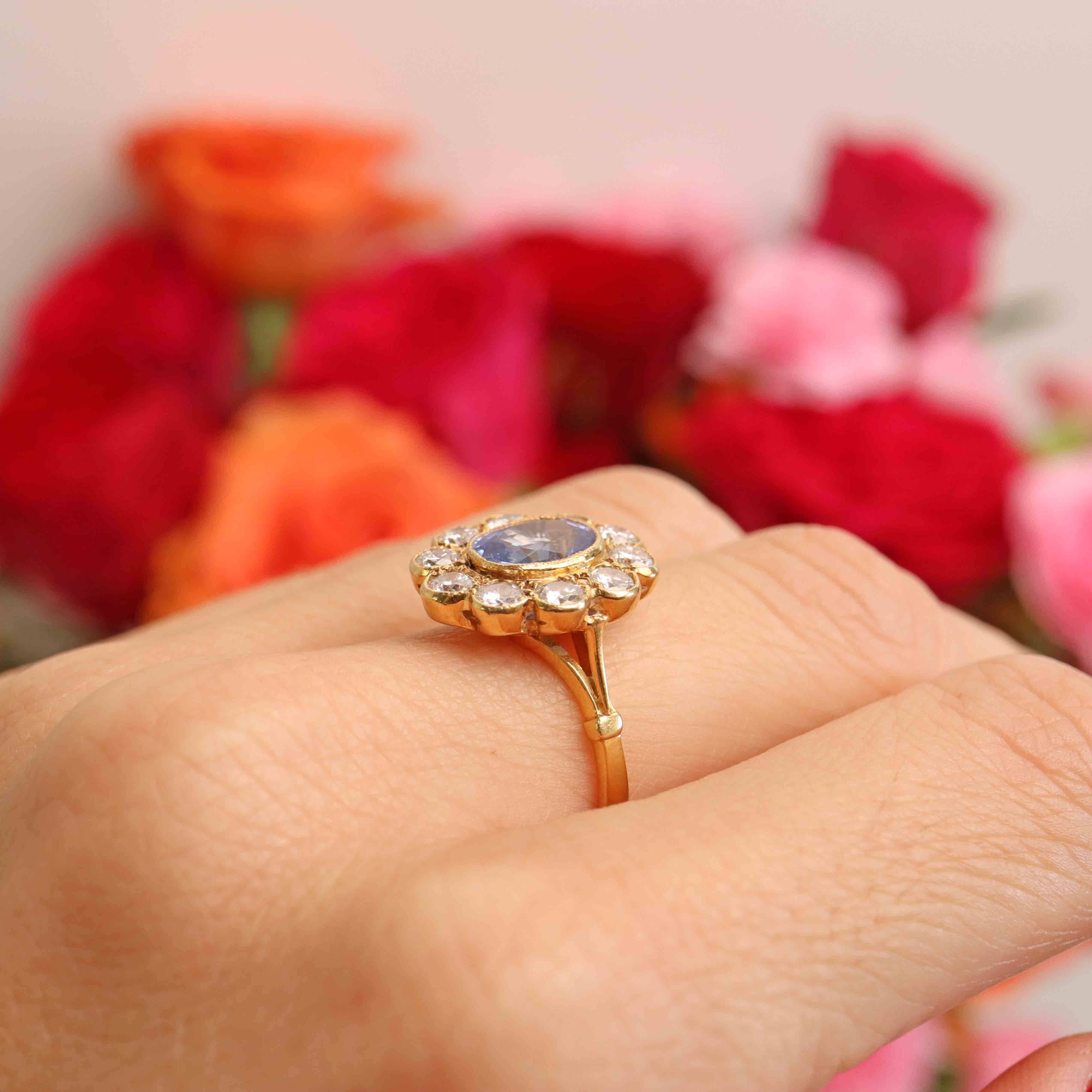 Ellibelle Jewellery Vintage 1988 Ceylon Sapphire & Diamond 18ct Gold Cluster Engagement Ring (1.85cts)