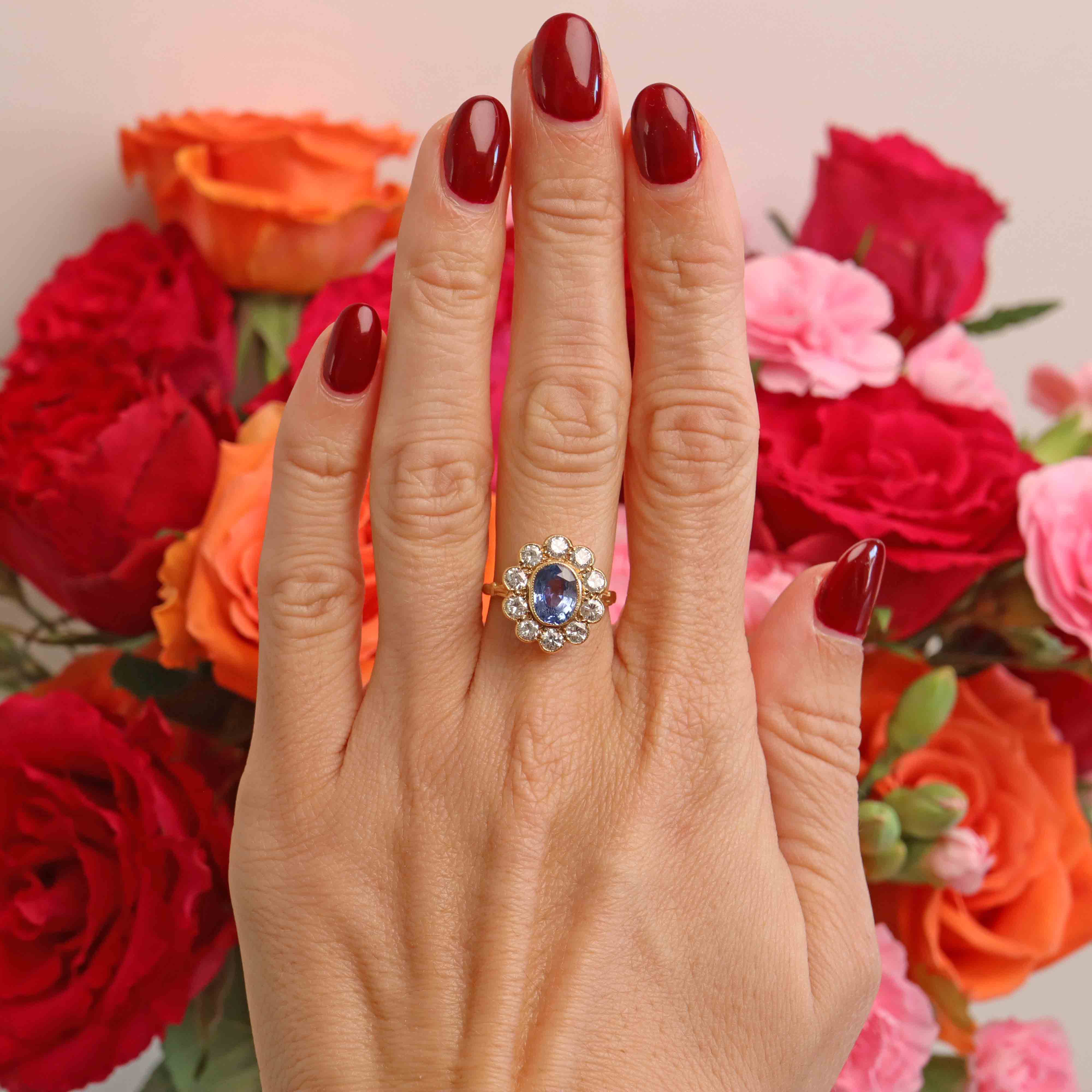 Ellibelle Jewellery Vintage 1988 Ceylon Sapphire & Diamond 18ct Gold Cluster Engagement Ring (1.85cts)
