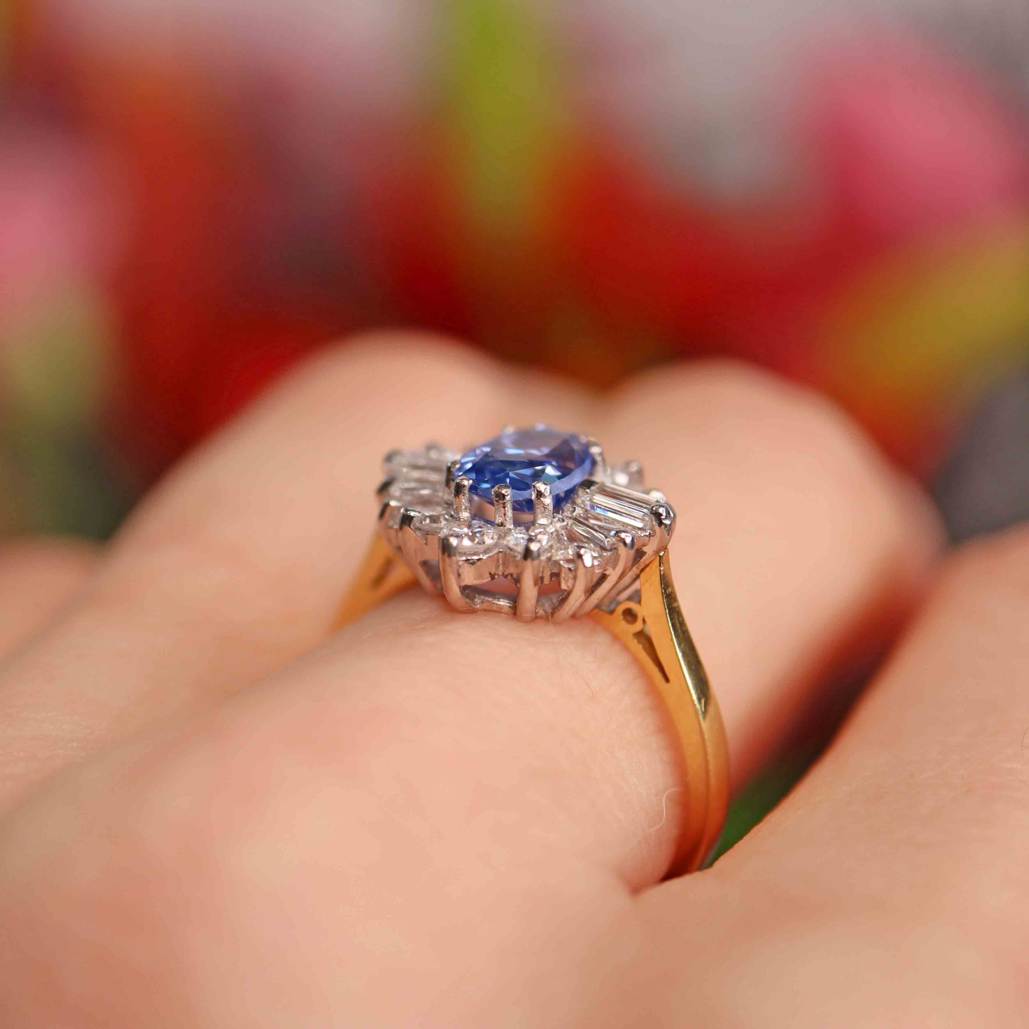 Ellibelle Jewellery Vintage 1988 Ceylon Sapphire & Diamond 18ct Gold Cluster Ring