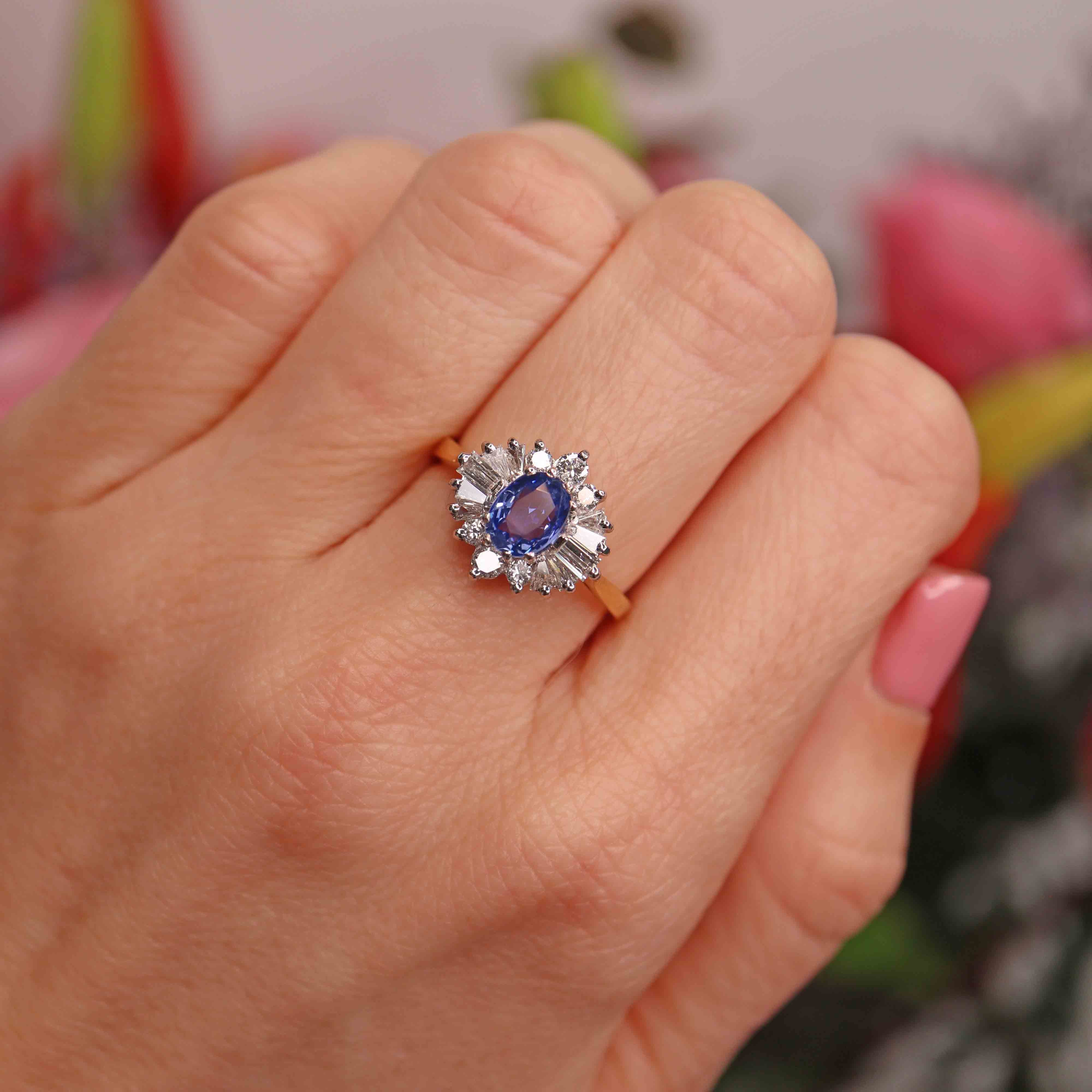 Ellibelle Jewellery Vintage 1988 Ceylon Sapphire & Diamond 18ct Gold Cluster Ring