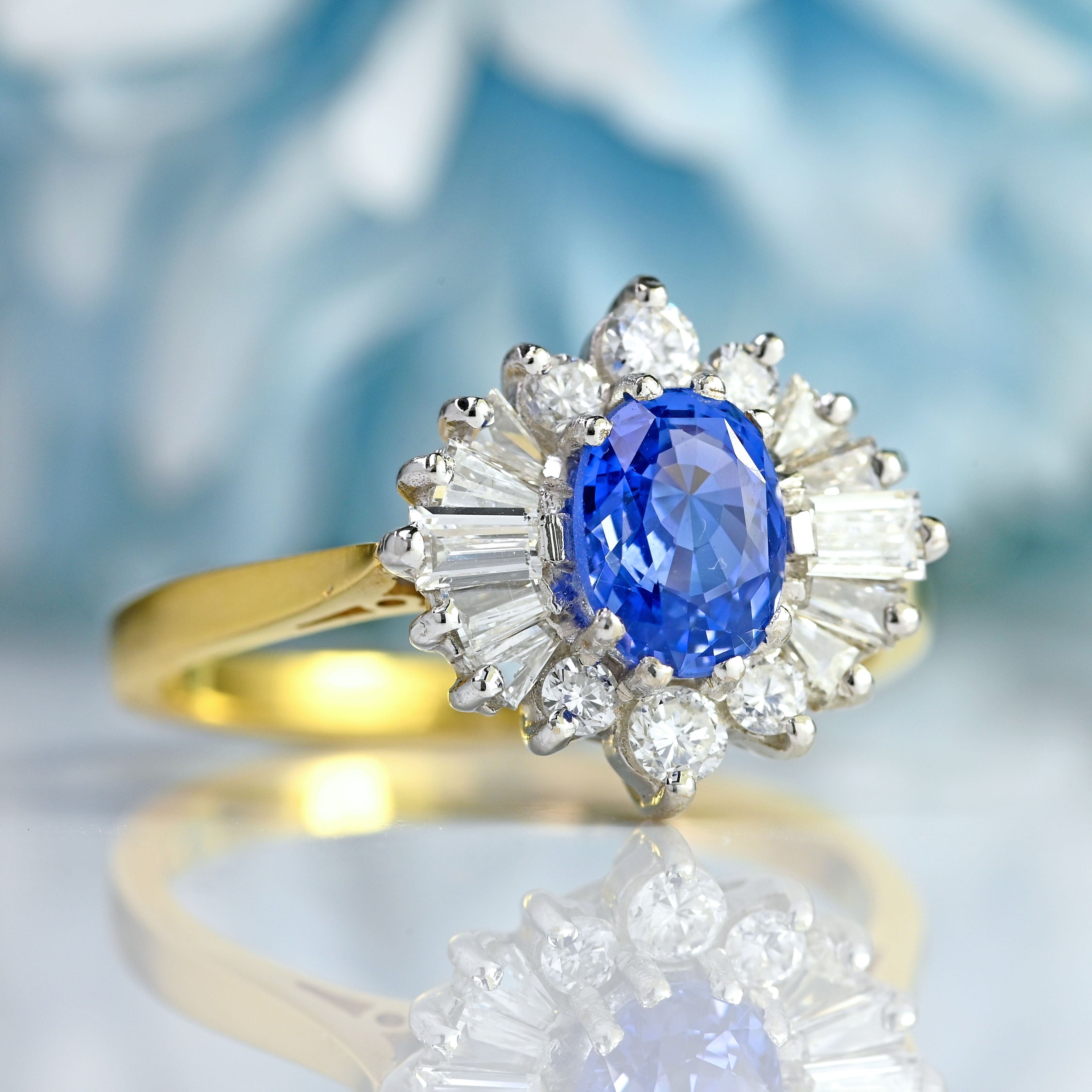 Ellibelle Jewellery Vintage 1988 Ceylon Sapphire & Diamond 18ct Gold Cluster Ring